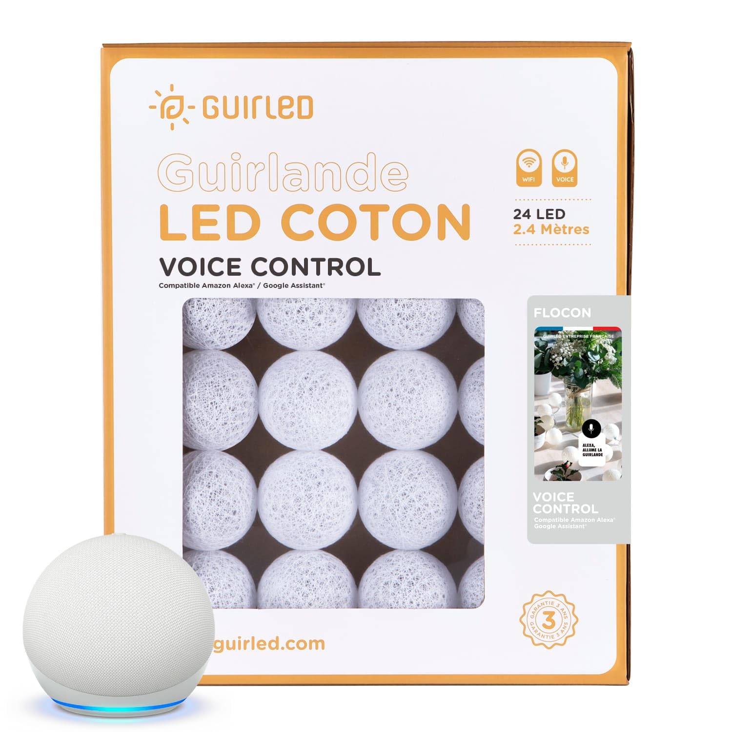 GuirLED - LED Baumwollkugeln Lichterkette USB - Sprachsteuerung - Connected Home - Amazon Alexa & Google Assistant - 2xUSB-Netzadapter enthalten - 24 Kugeln 2,4m - Flocke