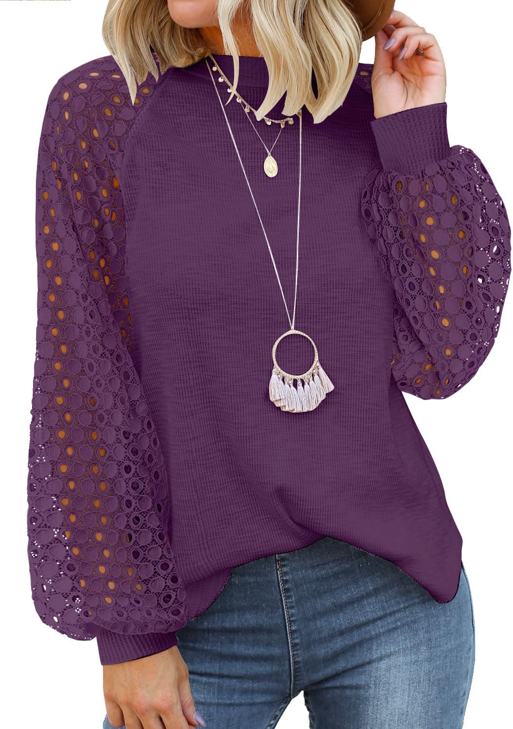 MIHOLLWomen’s Long Sleeve Tops Lace Casual Loose Blouses T Shirts