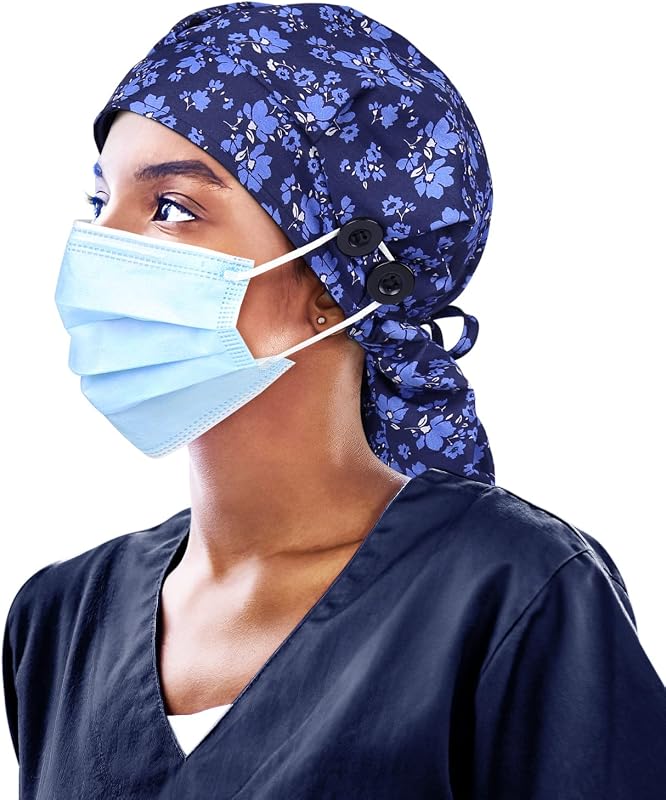 Touca de trabalho Winitas com forro de cetim, botões e espaço para cabelo longo