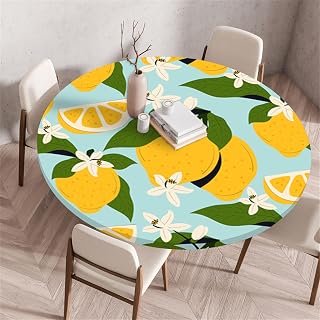Morbuy Elastische Tischdecke Rund Wasserdicht, 3D Zitrone Muster Tischdecke mit Gummizug Rund Tischdecken Tischtuch Abwischbar Gartentischdecken Tischschutz (Zitronenblätter,Durchmesser 60cm)