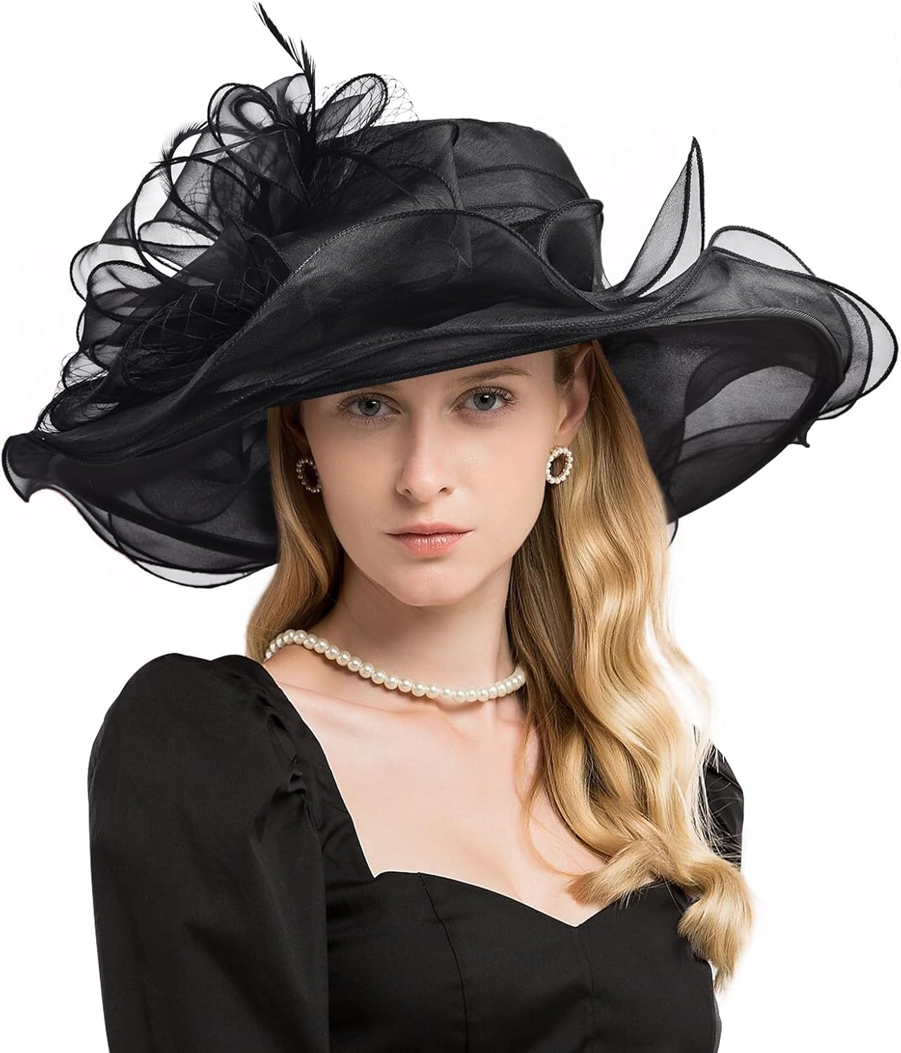 2025 Kentucky Derby Hat for Women Ladies, Organza Veil Feather Fascinator for Tea Party Church UV Protection Sun Hat - Image 4