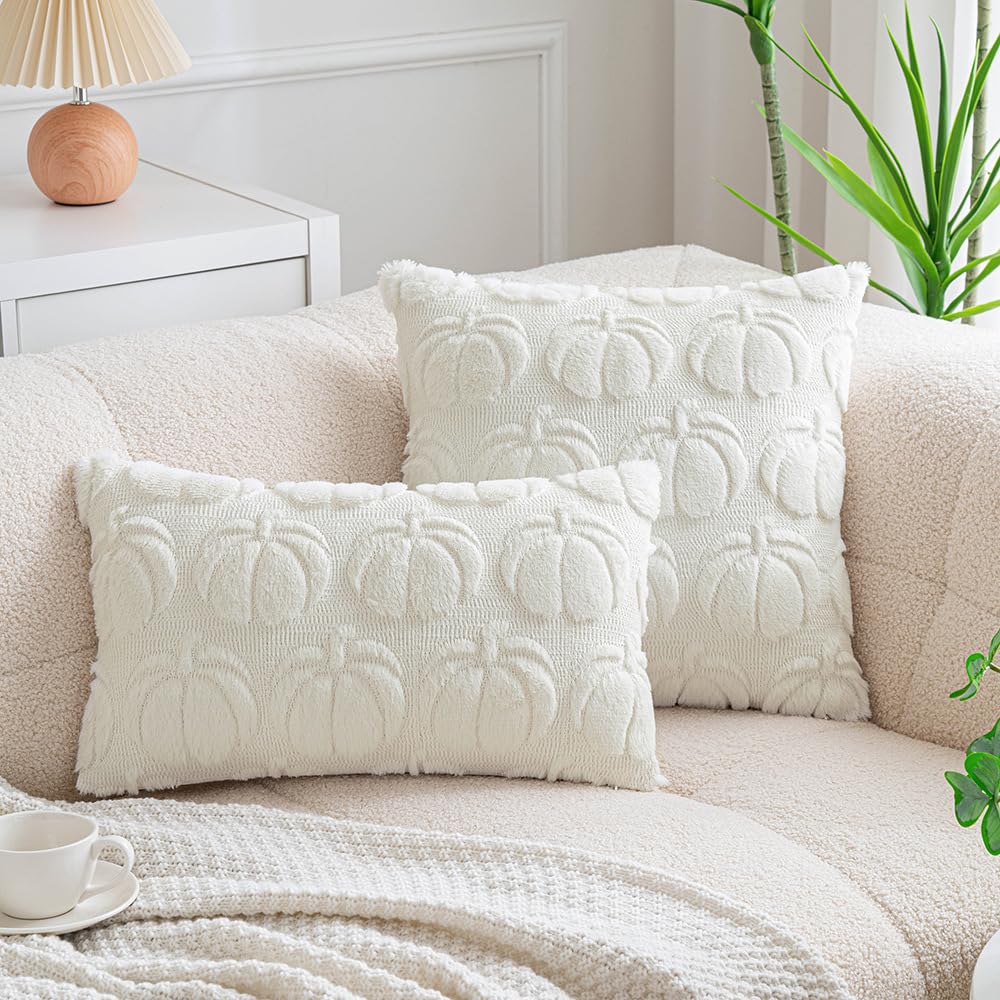 Plancholo Fall Pumpkin Decorative Throw Pillow Covers Set of 2 Soft Plush Faux Fur Wool Pillowcases for Sofa Couch (White, 18x18 Inch)