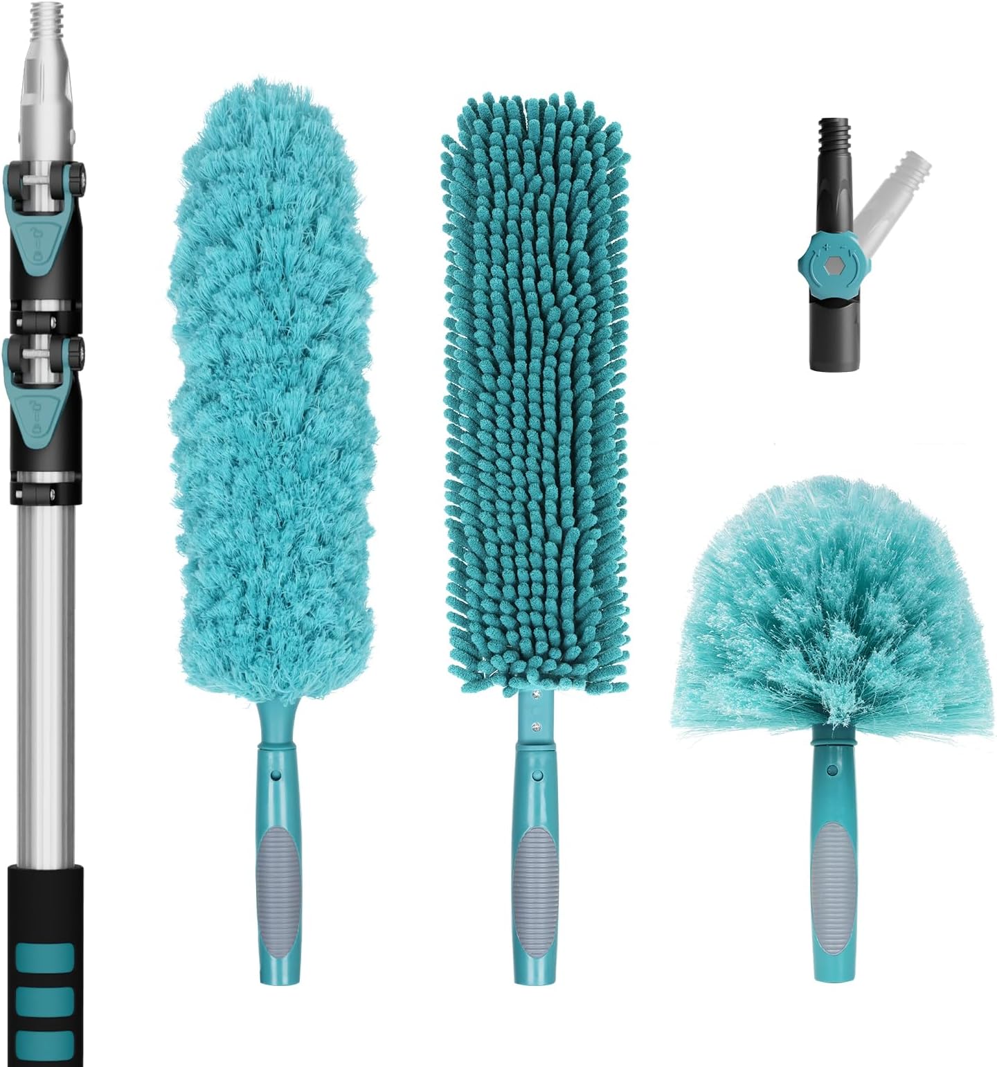 TelesPro3-Piece High-Reach Cleaning Kit with 5-12FT Extendable Aluminum Pole - Cobweb Duster, Chenille Ceiling Fan Duster, Microfiber Feather Duster. Elevate Your Cleaning Game!…