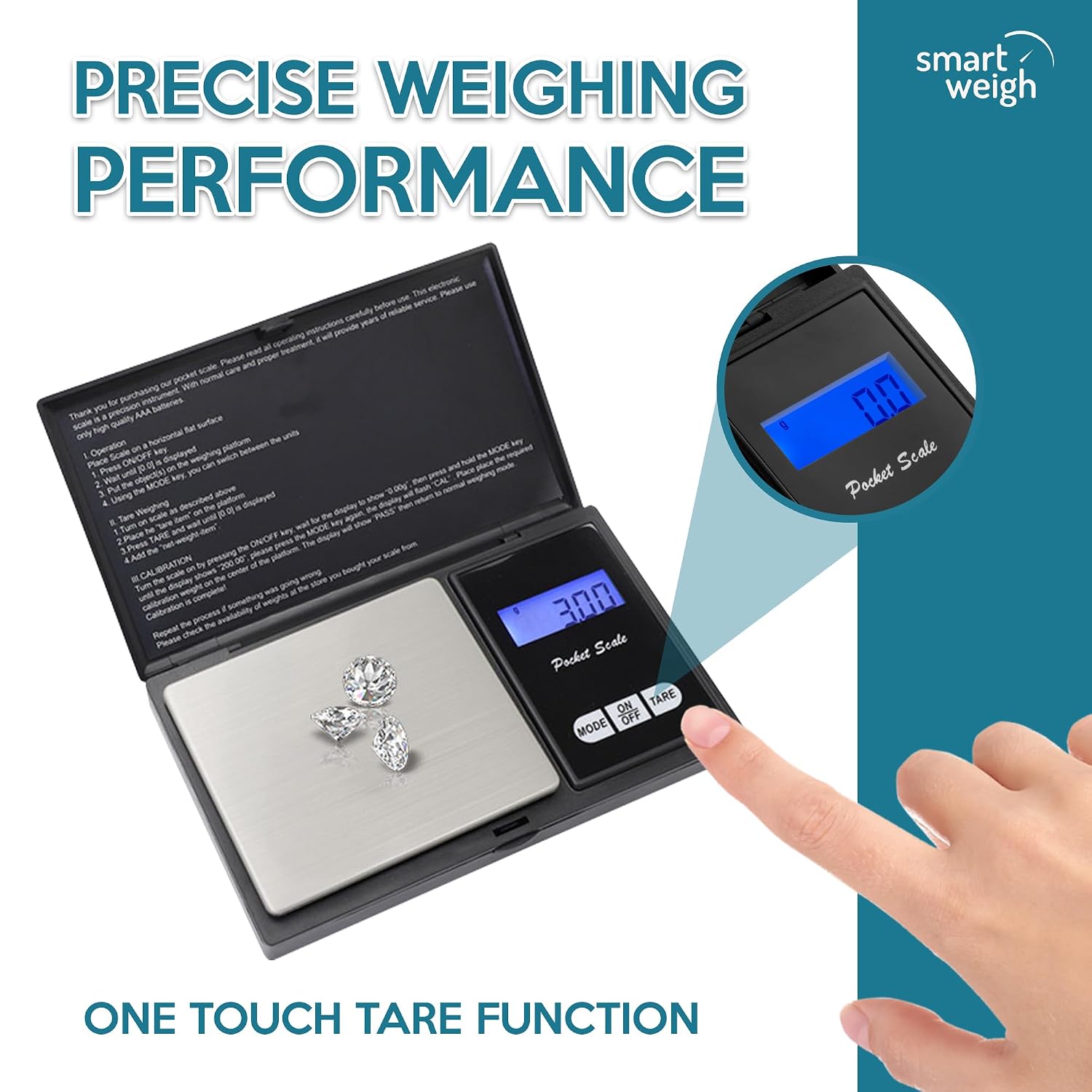 Smart Weigh Precision Digital Gram Scale (200g x 0.01g) – 7 Units (g, oz, ozt, DWT, ct, gn, tl) – Portable Pocket Design for Jewelry, Gems, and Food – Tare Function & Backlit LCD – Battery Included