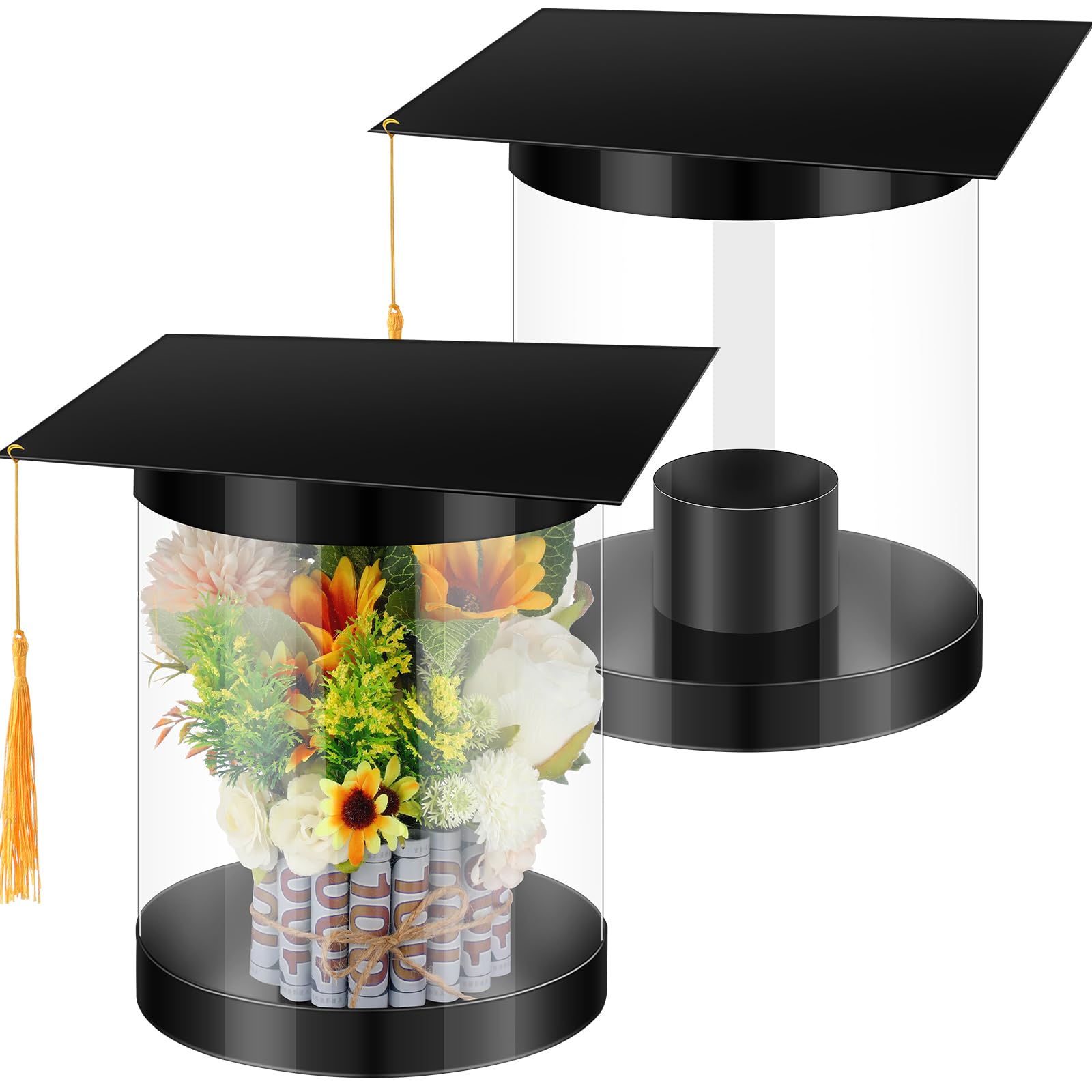 Colingmill 2 Pack Graduation Cap Flower Box Class of 2026 Cap Money Box Holder 12 Inch Clear Empty Container for Graduation Party Outdoor Indoor