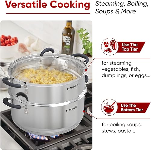 Miniatura 6 de SUNHOUSE - Ollas de vapor de 5.5 cuartos de galón con tapa, olla multiusos de acero inoxidable de 2 niveles con asa para verduras, albóndigas,