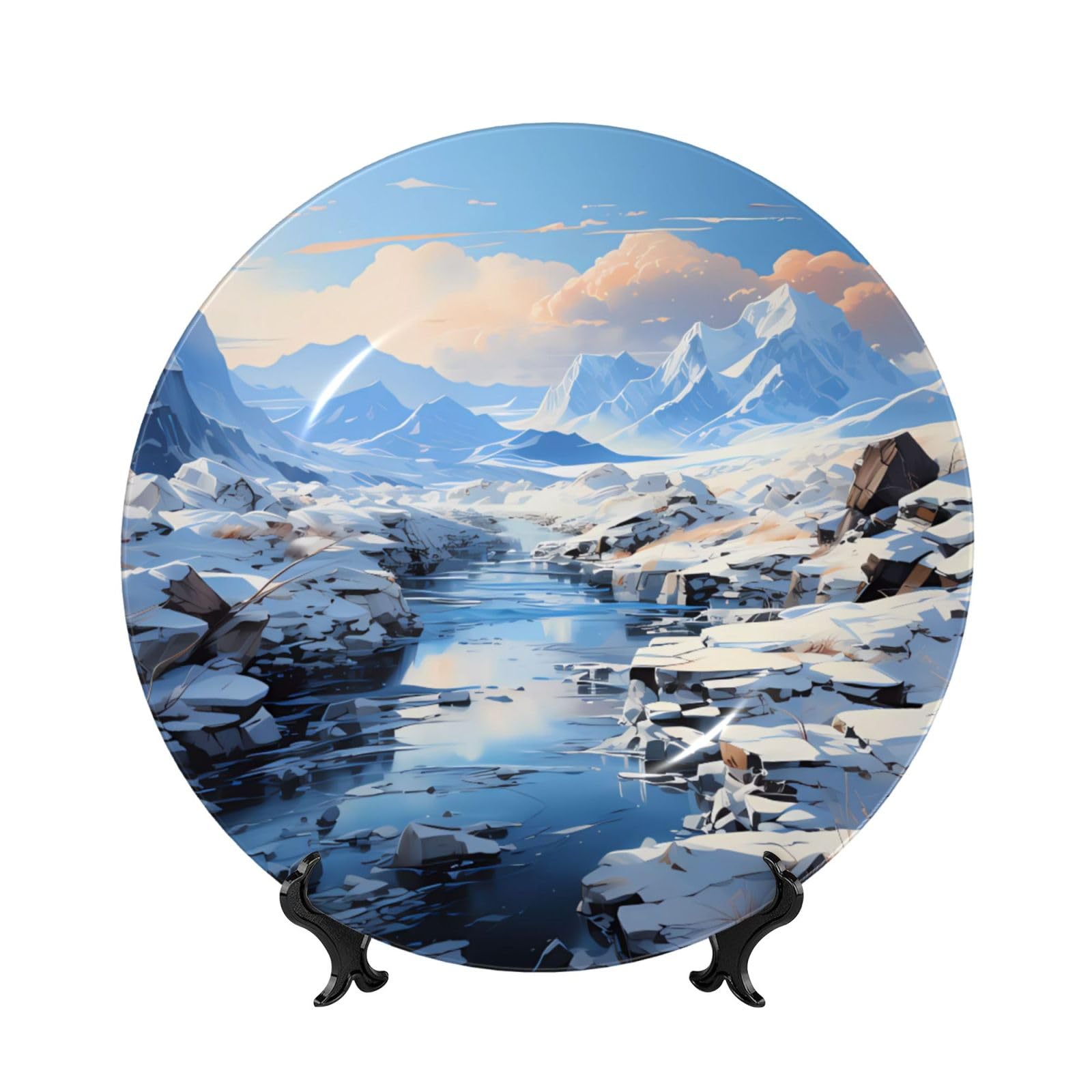SXZVVBN Snowy Mountain Scenery Bone China Decorative Plate Art with Stand Removable Adhesive Hanging for Home Office 7in