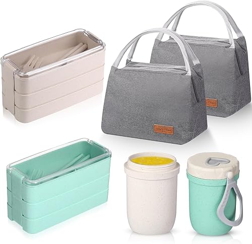 Rtteri 2 juegos de contenedores Bento para adultos, 2 unidades, 3 cajas Bento apilables para adultos con 2 bolsas de almuerzo, tazas de sopa y