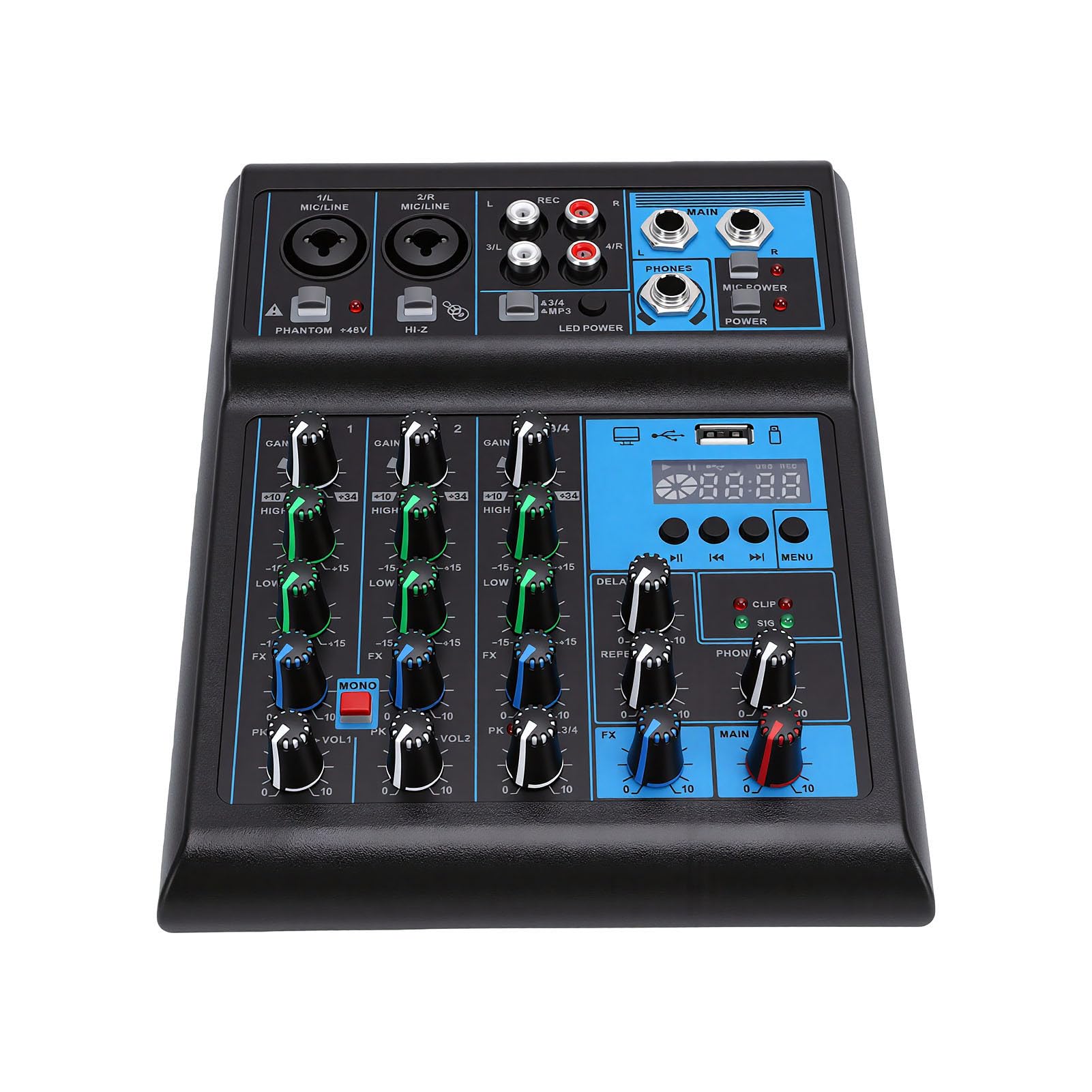 Mixer a 4, Mixer Professionale con Doppio Microfono Wireless UHF, MP3 Bluetooth Integrato, Alimentazione 48 V, Porta USB Mixing DJ RGB per Feste Karaoke a Casa