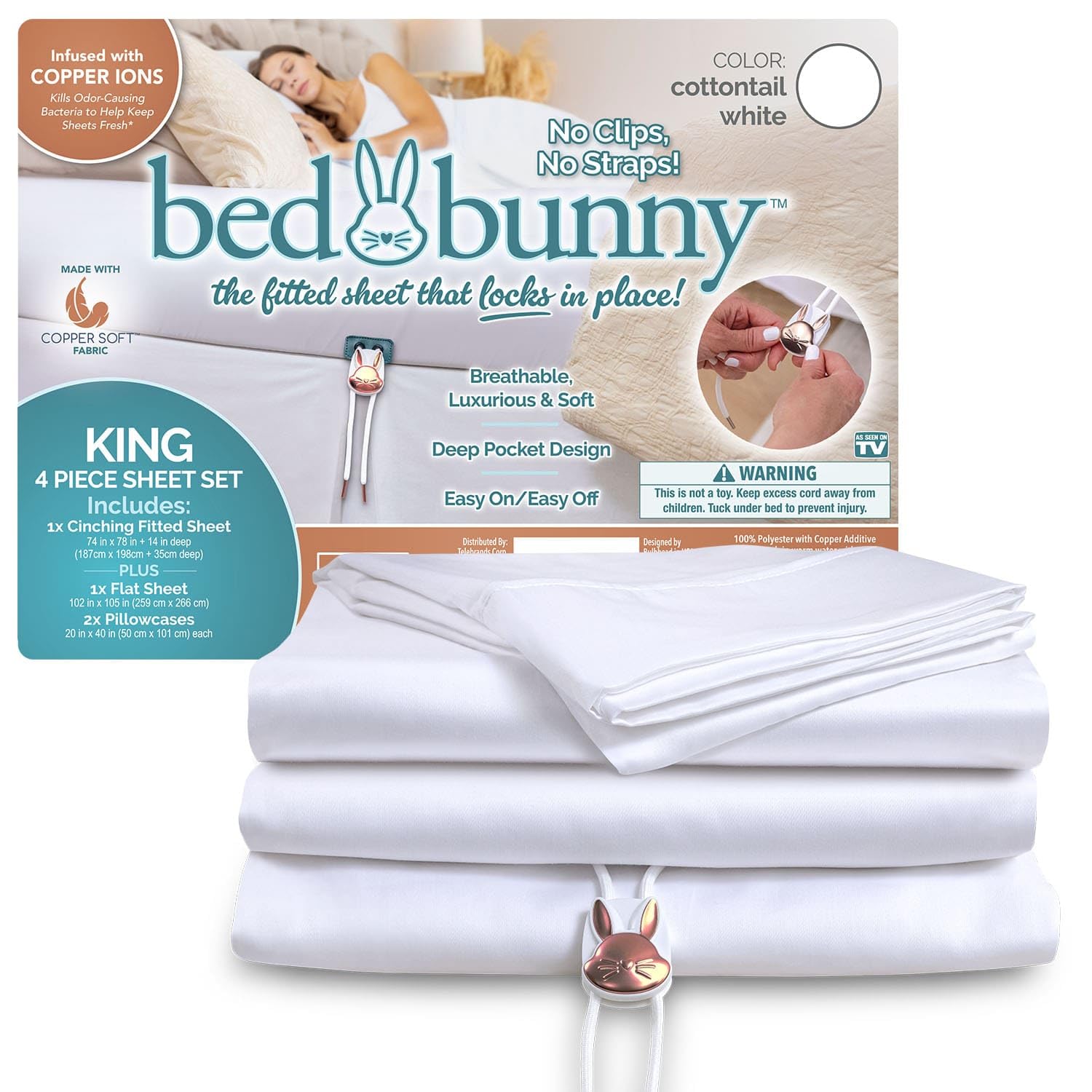 Locking Fitted Bed Sheet Set, Stays On & Won’t Slip Off, Built-in StayFit Compression System Hugs Mattresses, AS-SEEN-ON-TV, Wrinkle & Stain Resistant CopperSoft™ Fabric, Infused w/Copper