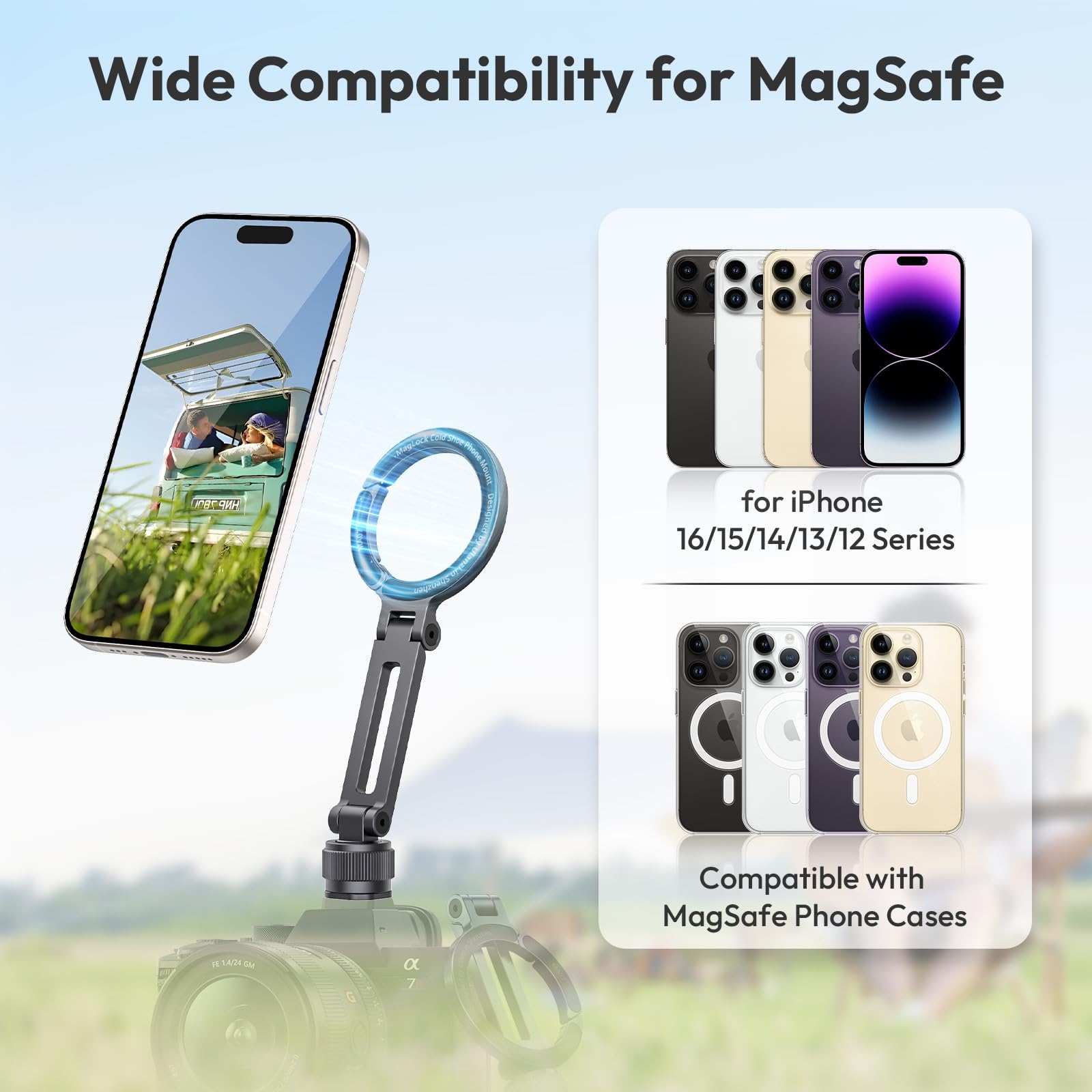 ULANZI MA07 Soporte Magnético para Trípode de Teléfono MagLock con Zapata de 1/4", Adaptador de Aluminio con Ángulo Ajustable Magsafe para iPhone/Android/Cámara/Luz/Trípode