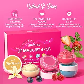 4 Pack Lip Mask Set, Hydrating Lip Mask Overnight - Berry, Grape, Mint, Vanilla Flavors, Lip Sleeping Mask Nourish Lip Balm with Vitamin C & Shea Butter | Dry Lips Care Gift