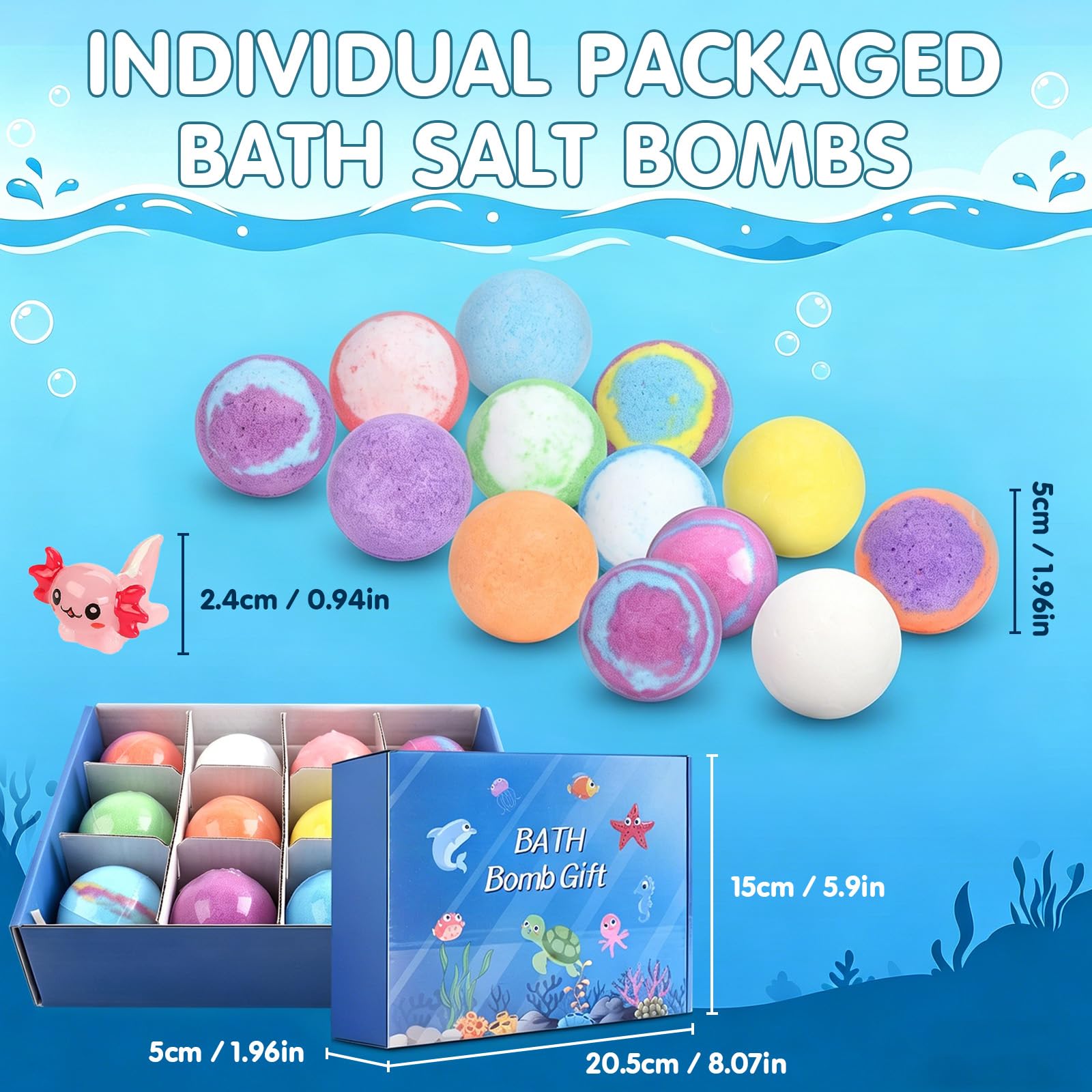 Bombe de Bain Enfant, 12 Pcs Ocean Bath Bombs for Kids, Nouve Boule de Bain Enfant avec Surprise Bombe de Bain Moussant avec Surprise Dedans, Cadeau d' anniversaire pour bébé et enfants de 4-10 ans