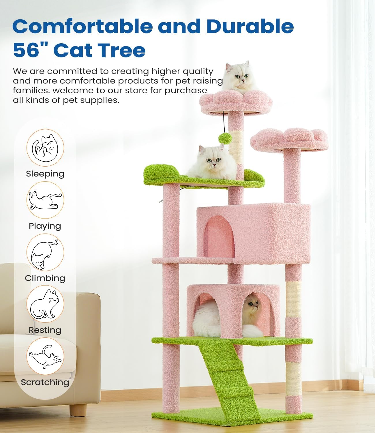 Cat Tree Tower 56in Cat Trees Multi-Level Cat Condos with Spacious Perch, 2 Cozy Condos, Scratching Posts, Climbing Ladder, Toy Ball, Durable Pet House Furniture for Indoor Kittens, Pink Green Flower