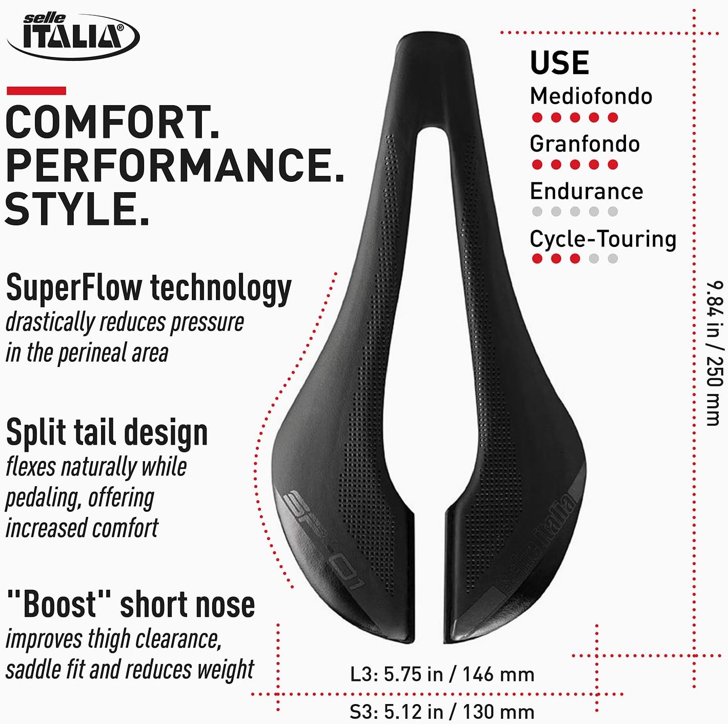 Selle Italia - SP-01 Road Bike Saddle Boost Kit Carbonium Superflow, Rail Carbon/Keramic Ø7x9, Short Road Performance Lightweight Fiber-tek Comfort
