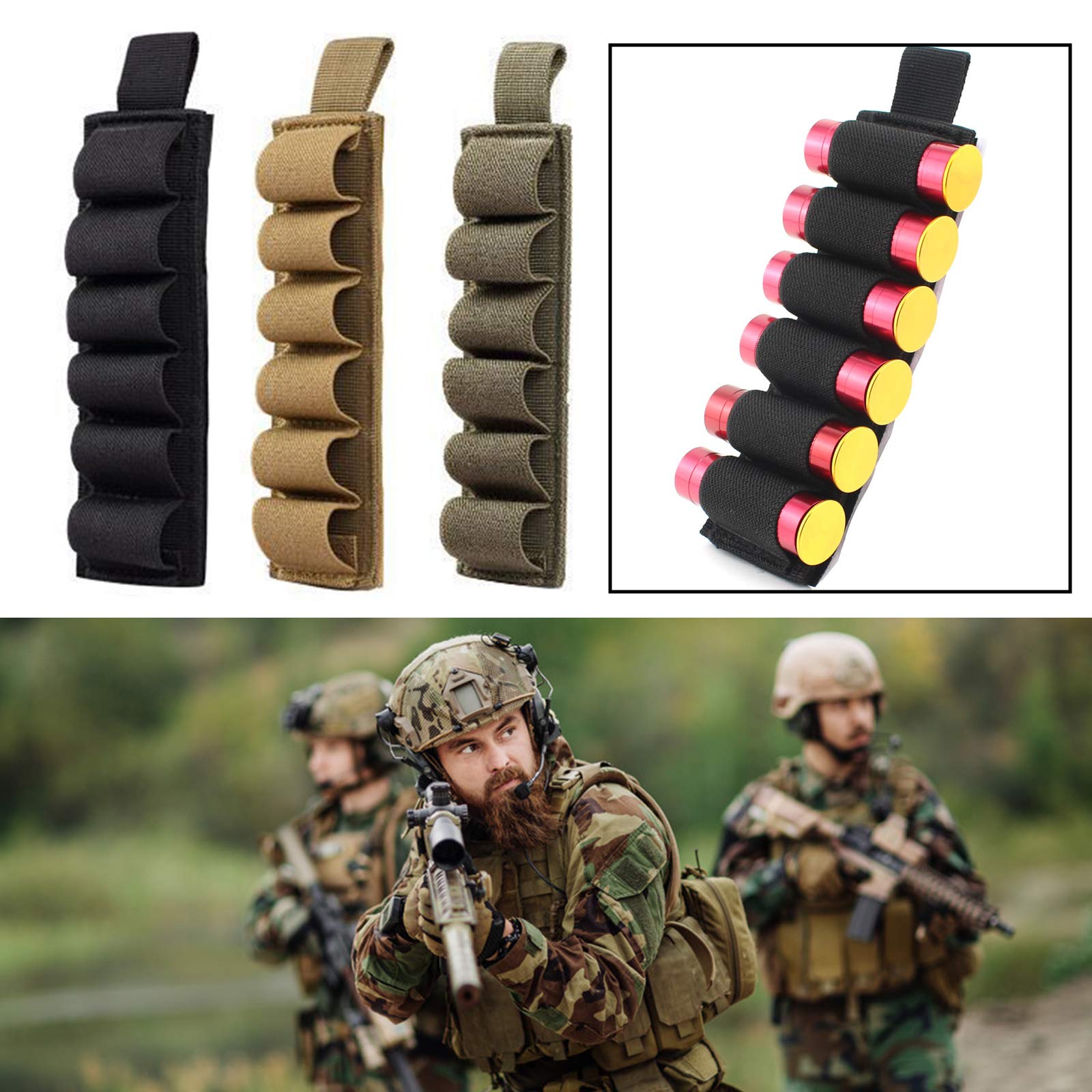 Porta cartucce per Fucili - Porta cartucce per Munizioni 6 Rotondi - Porta Munizioni tattico in Nylon con Strisce adesive per cartucce per Fucili Airsoft(Black)