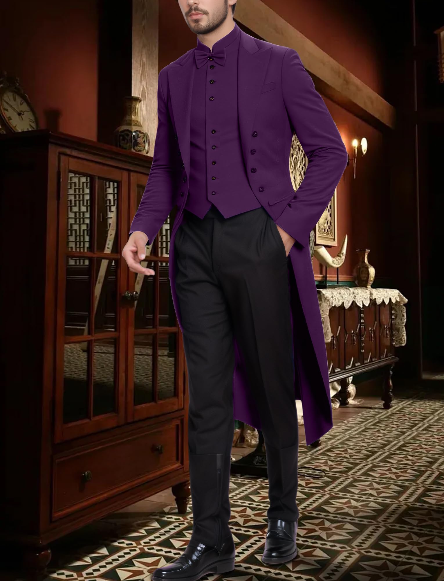 Maeau Mens Tailcoat Jacket Medieval Tuxedo Retro Jacket Gothic Victorian Frock Coat Purple L - Image 4