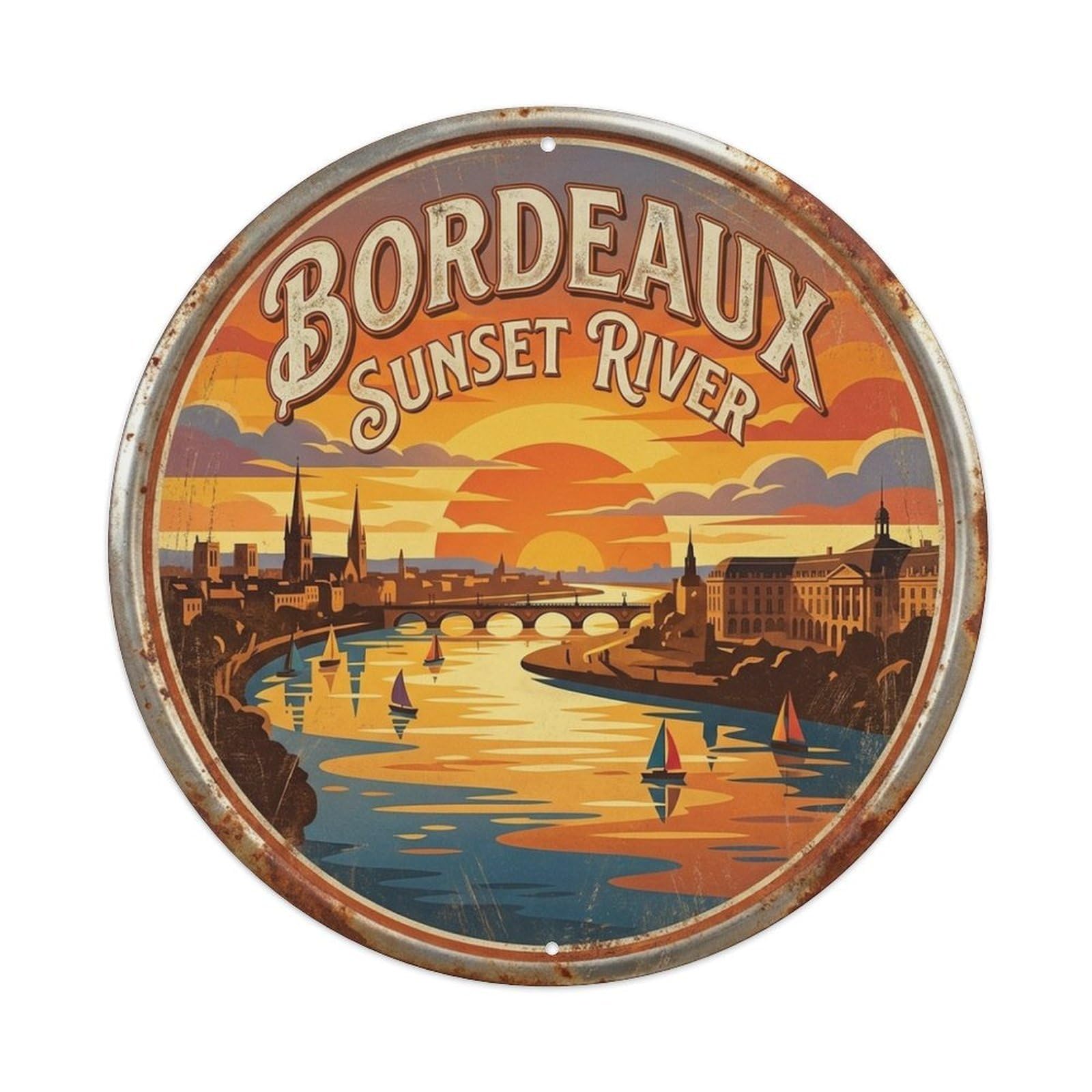 Vintage Travel Sunset River Bordeaux France Metal Tin Sign