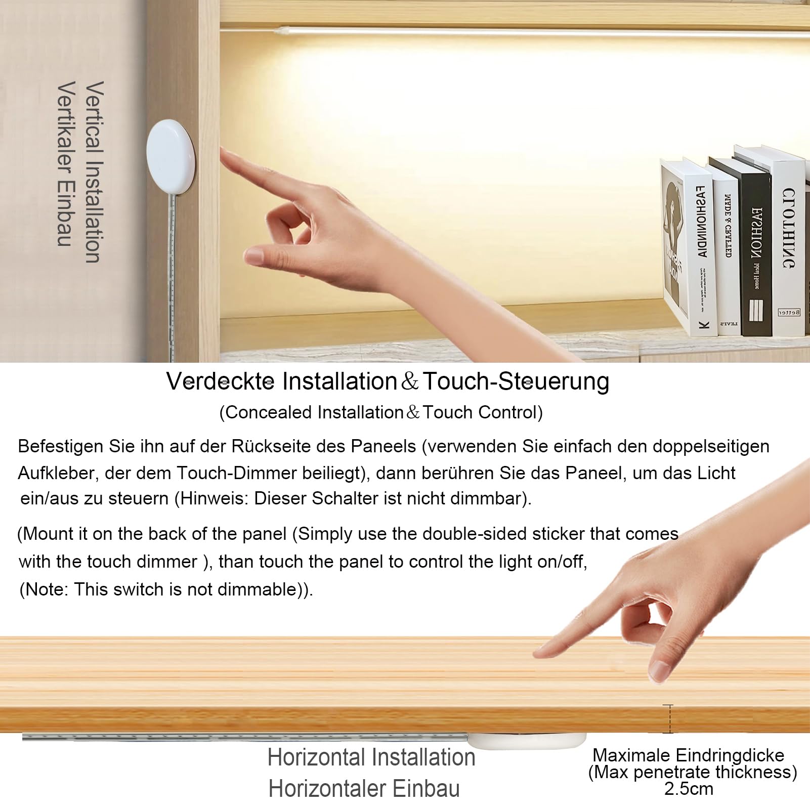 STBTECH Interruptor táctil LED de 220 V oculto, CC 220 V 2 A, interruptor táctil para barra de luz LED Smart Home, penetra madera, piedra, vidrio, etc., no requiere agujeros (blanco)