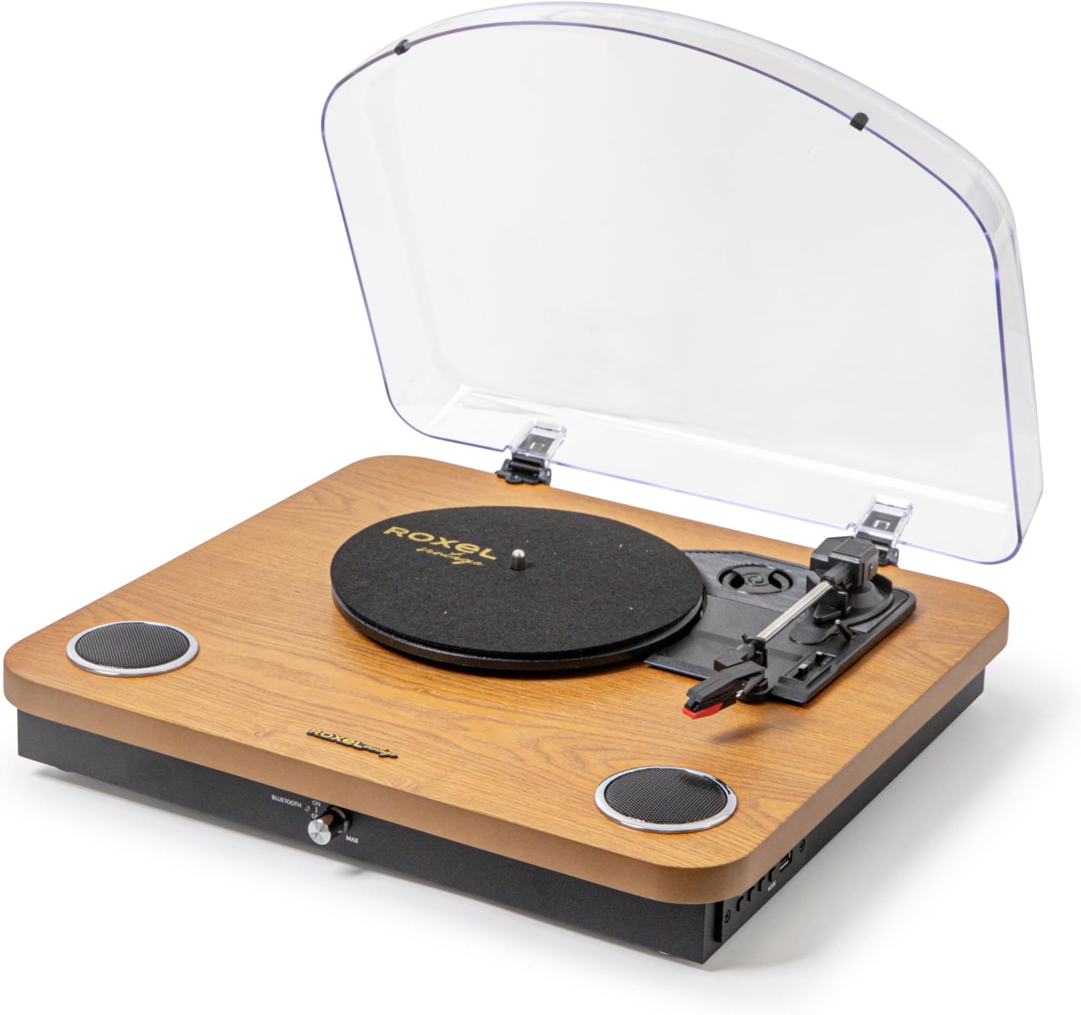 Roxel VRP-60 Vinyl Record Player, Turntable with Built In Speakers, BT IN/OUT, Three Playback Speeds, USB Output for Conversion Natural Wood Finish