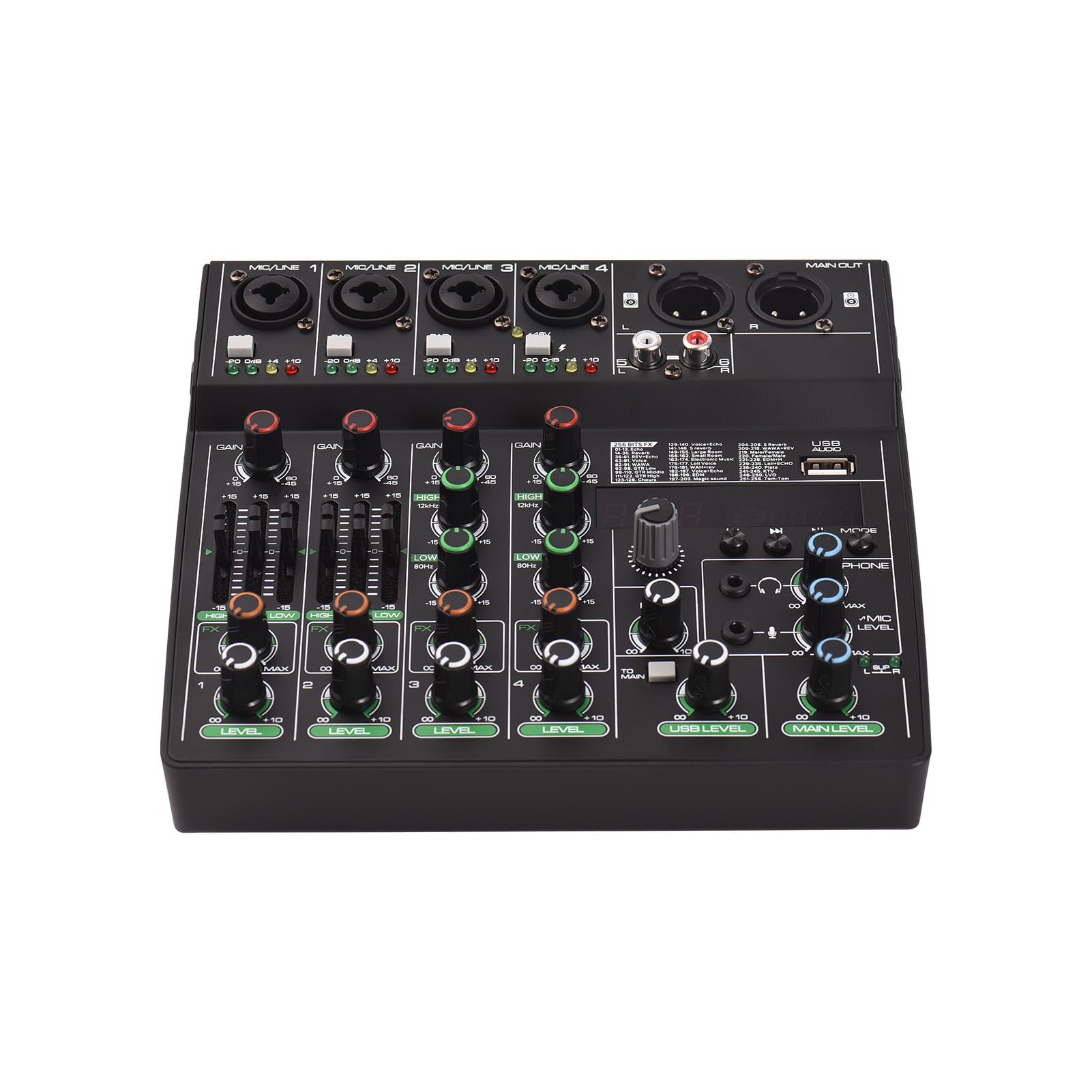 Naroote Kompaktes 6-Kanal-Mischpult mit 256 Effekten und 48-V-Phantomspeisung für Kleine Musikveranstaltungen, Heimmusikproduktion