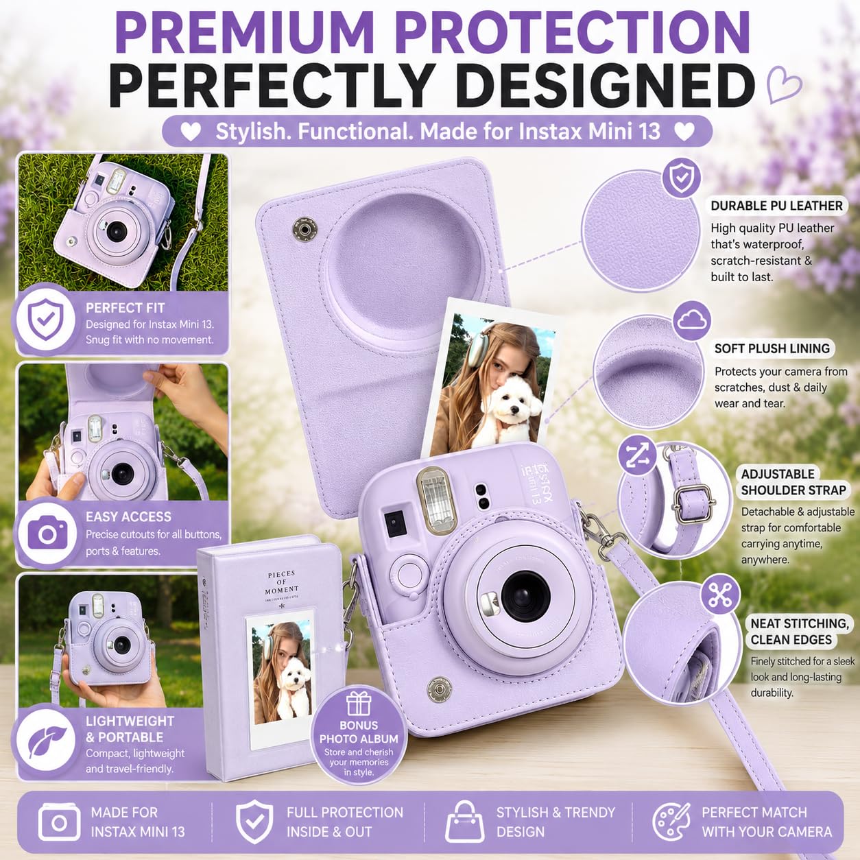 Mini 13 Instant Camera Starter Kit per Fuji Instax Mini 13 Dreamy Purple Kit include mini pellicola istantanea 20 foto, custodia in pelle PU colore abbinato e mini album fotografico per Instax Mini 13
