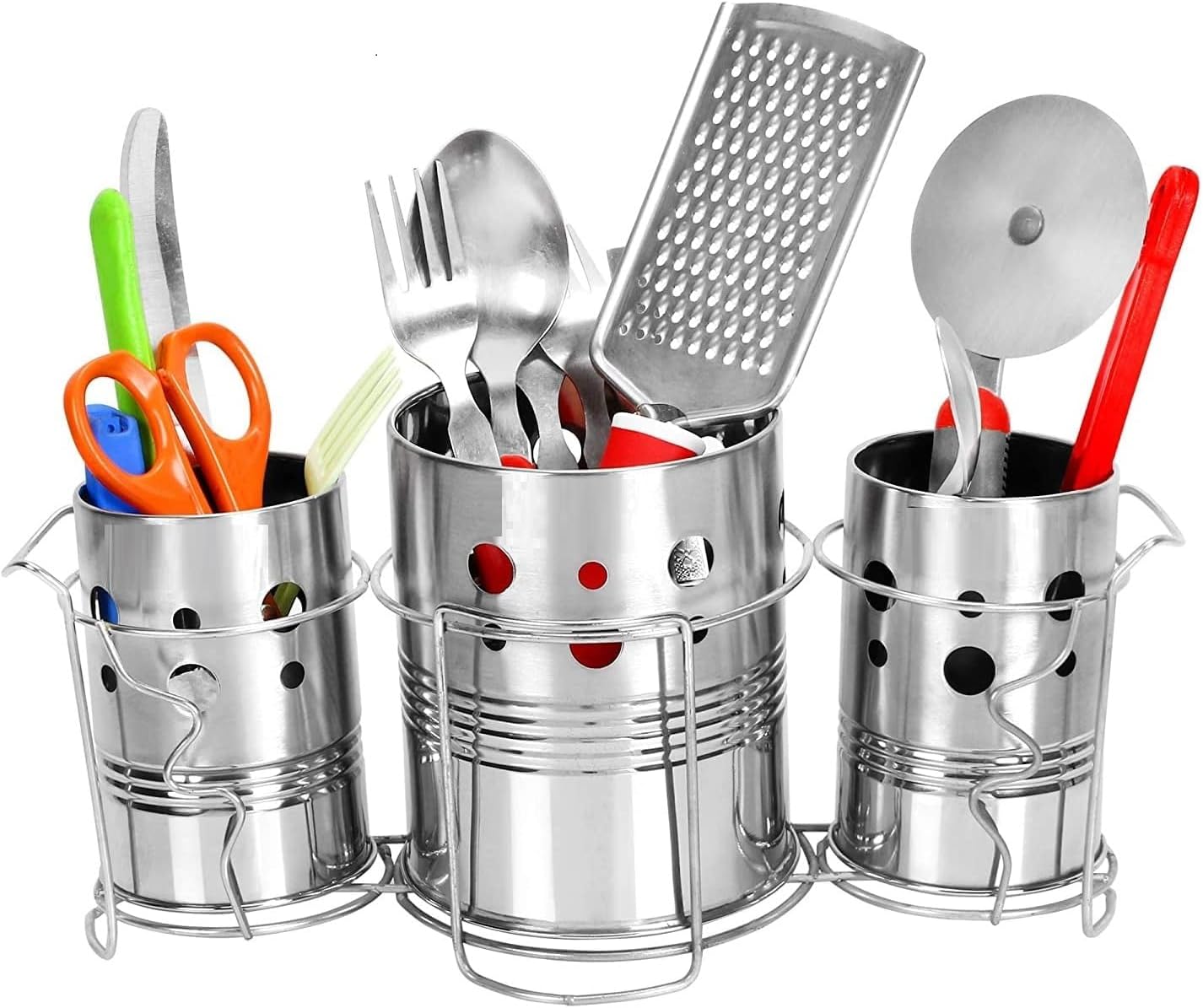 Self Draining Tableware Utensil Storage Box- Spoon,Knife,Fork,Chopstick,Steel Cutlery Holder/Organizer Stand For Kitchen Kitchen Utensil Organizer, 3 Compartments, Silver, Storage RacK