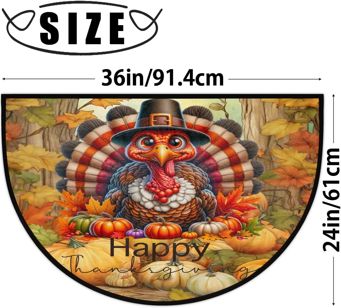 Half Round Door Mat Pumpkin Fall Thanksgiving Half Moon Rug Washable Half Circle Area Rugs Indoor Entrance Non Slip Semi Circle Bathroom Rugs Floor Carpet for Kithen Bedroom Fireplace Decor