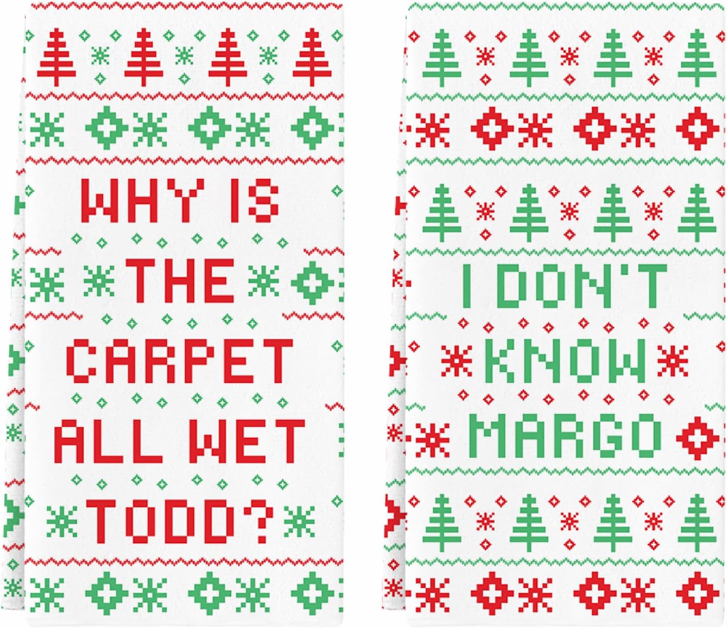 Christmas Vacation Gift, 2 Pack Funny Holiday Kitchen Towels, Griswold Family Cousin Eddie Christmas Vacation Merch, Xmas Bathroom Hand Towels Decor - Why is The Carpet All Wet? I Don't Know Margo