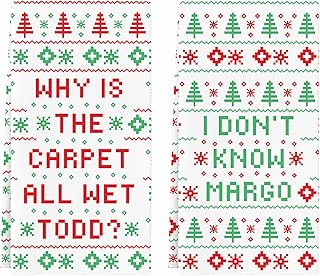 Christmas Vacation Gift, 2 Pack Funny Holiday Kitchen Towels, Griswold Family Cousin Eddie Christmas Vacation Merch, Xmas Bathroom Hand Towels Decor - Why is The Carpet All Wet? I Don't Know Margo