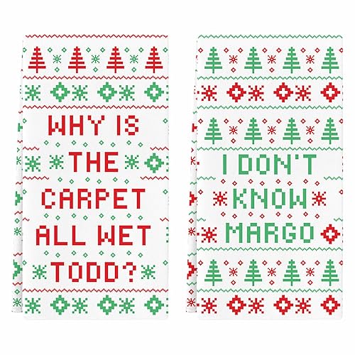 Cheroloven 2 Pack Funny Christmas Kitchen Towels, Griswold Family Cousin Eddie Christmas Vacation Merchandise, Holiday Bathroom Decor - Why is The Carpet All Wet? I Don't Know Margo - Margo