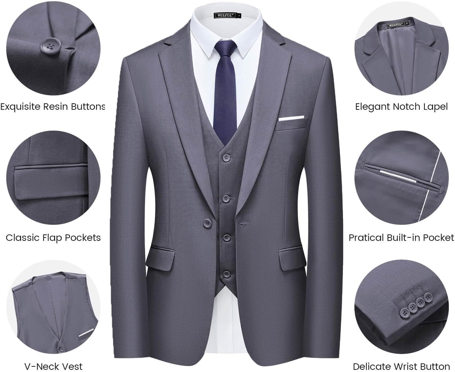 WULFUL Men’s Slim Fit Suit One Button 3-Piece Blazer Dress Business Wedding... - Picture 86 of 257