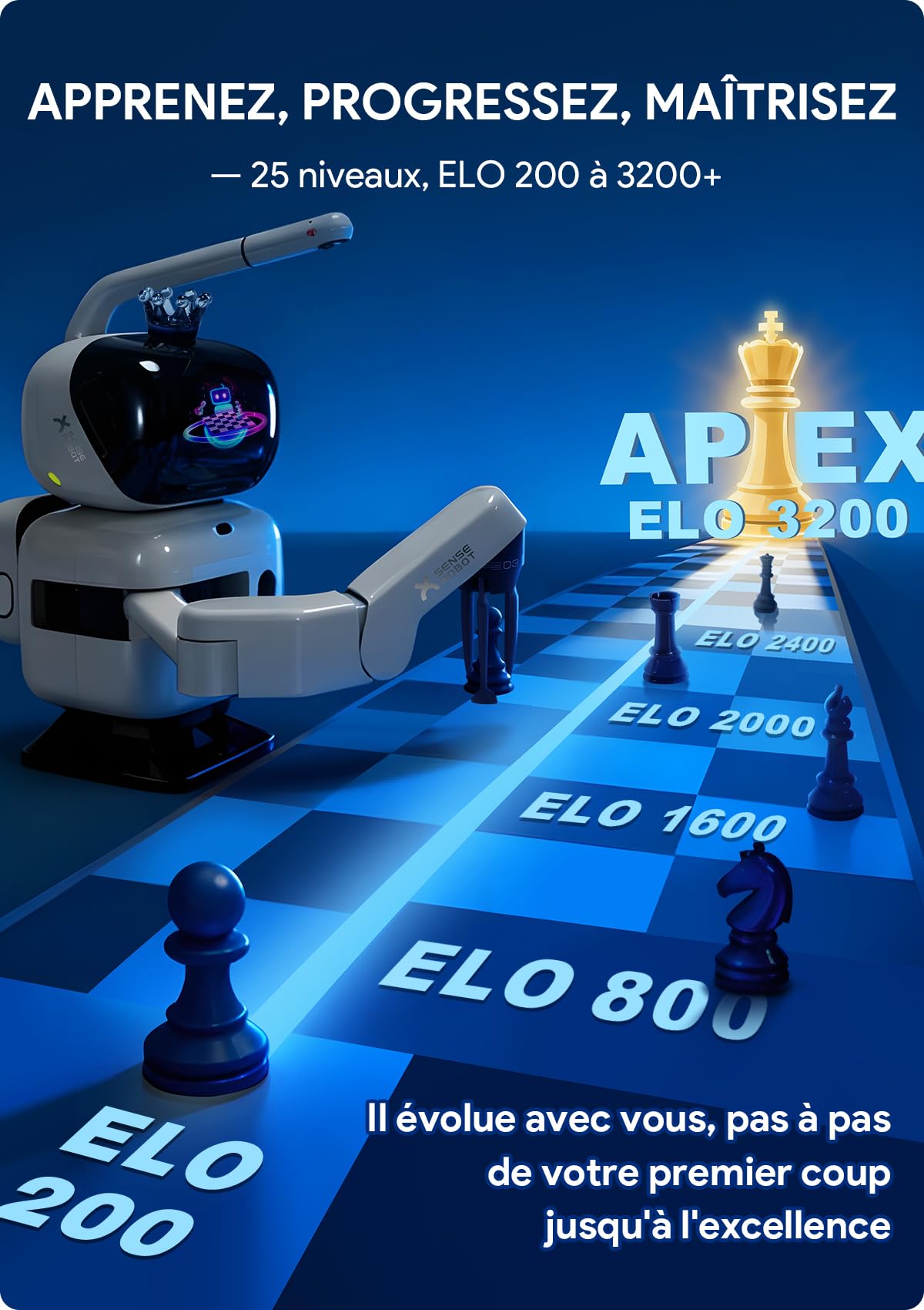 Robot d'échecs Sense Robot AI avec Bras robotisé – 25 Niveaux d'IA, 1200+ Exercices, entraîneur de finales, relecture de Parties Classiques, Coaching Vocal, intégration Lichess, App synchronisation
