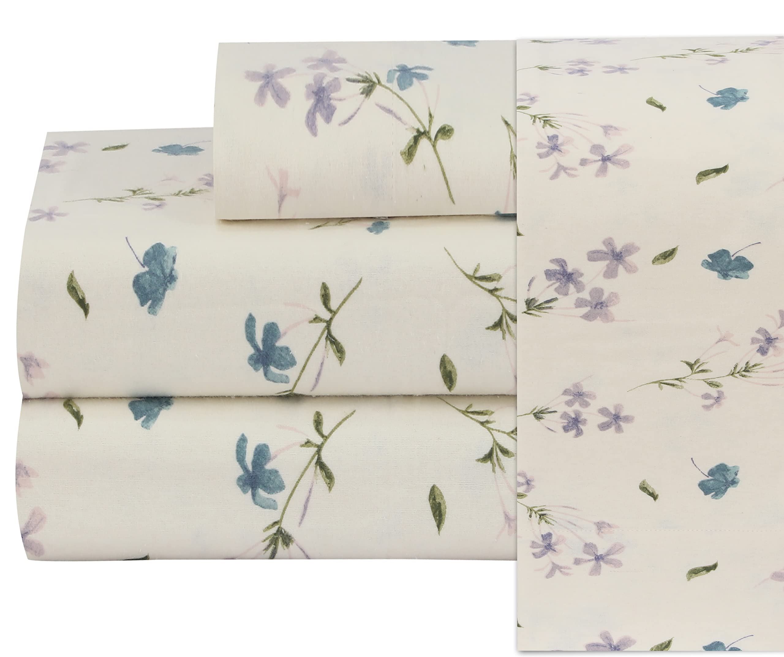 Ruvanti 100% Cotton 4 Pcs Flannel Sheets Queen Size, Deep Pocket, Warm, Super Soft, Breathable, Moisture Wicking Queen Sheets, Bed Sheets Include Flat, Fitted Sheet, 2 Pillowcase - Jasmine Stamp Cream