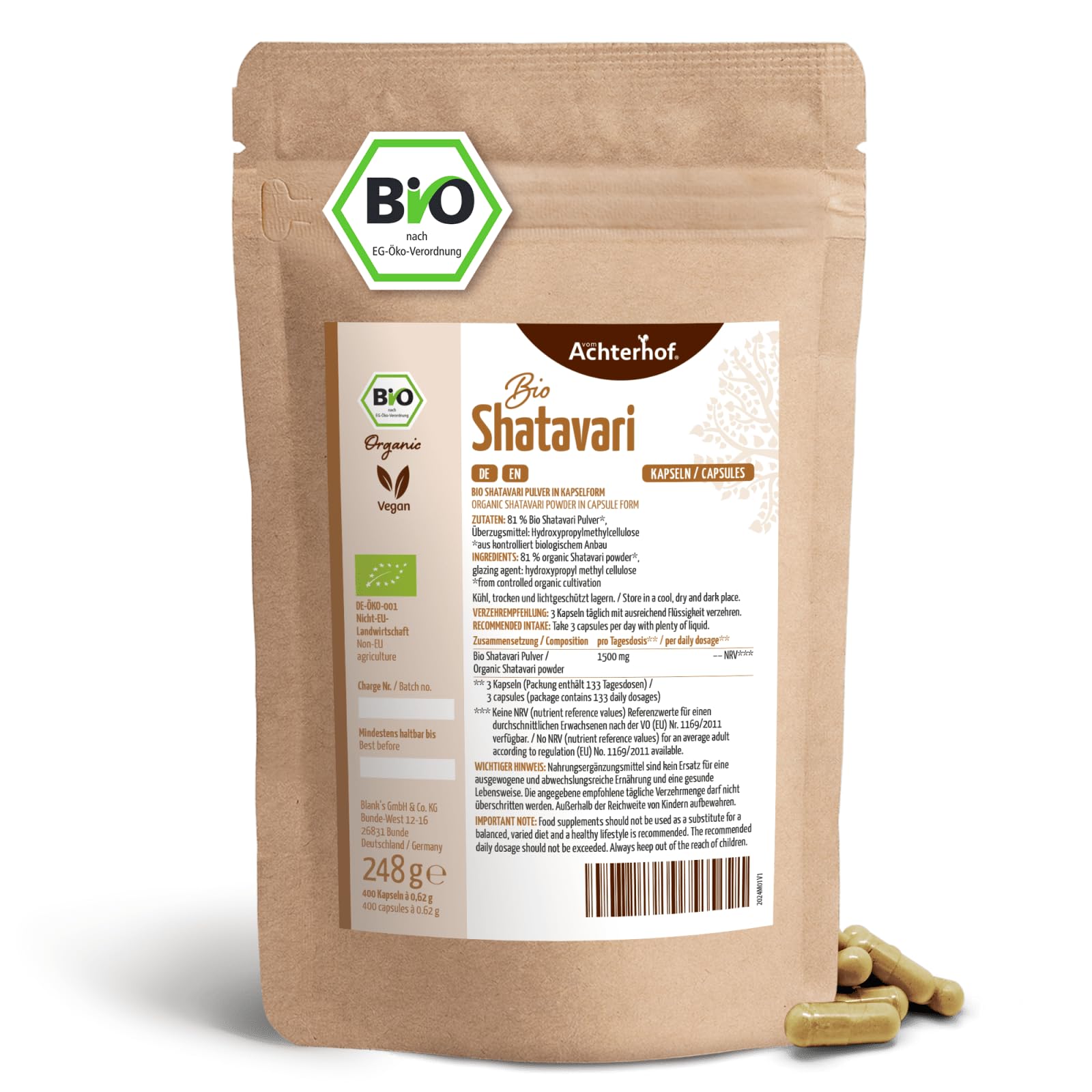 Gélules de Shatavari 400 pièces | Recharge | 500 mg par gélule | poudre fine de Shatavari de qualité biologique | Ayurvéda pour femmes | végétalien | vom Achterhof