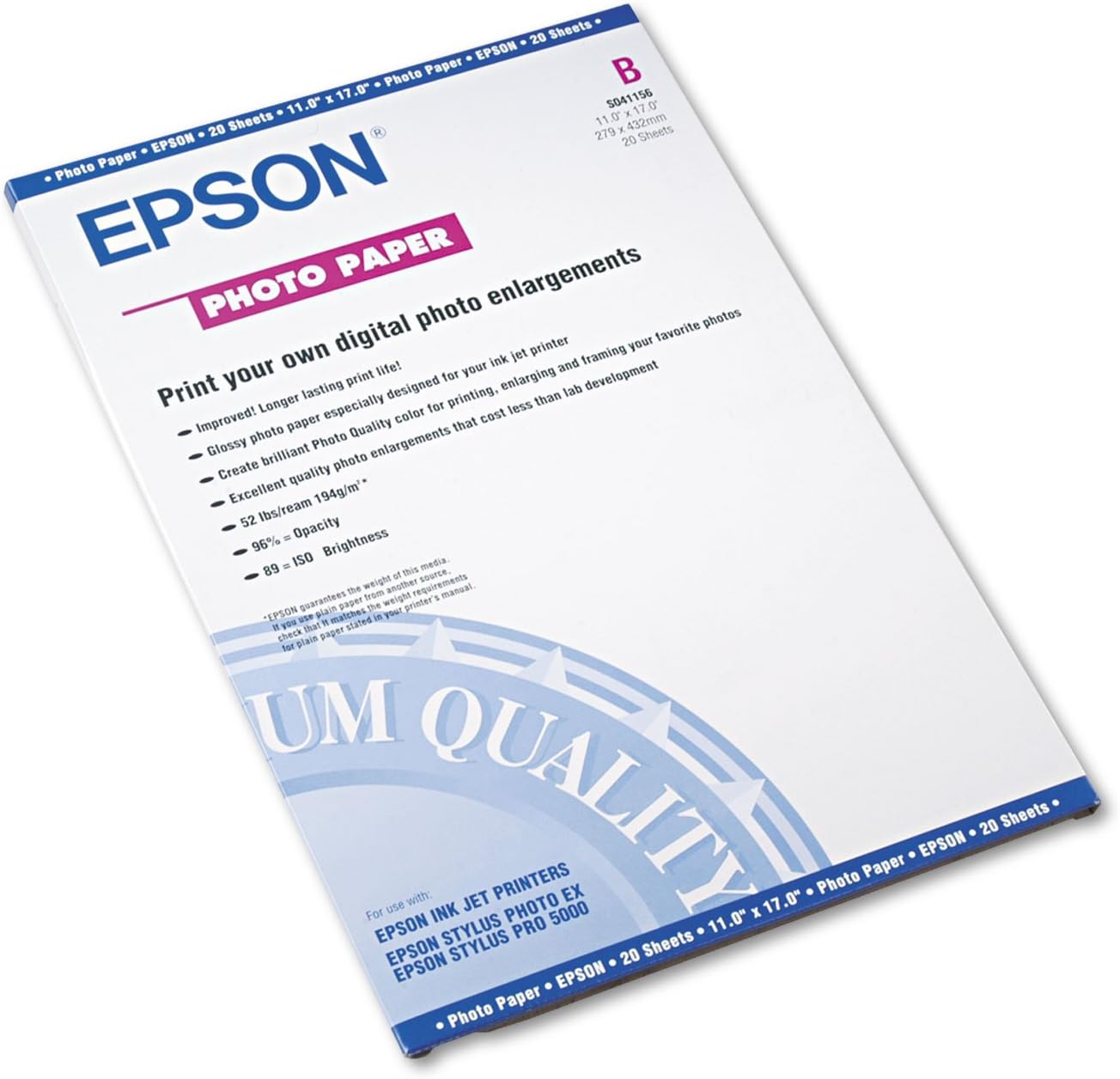 Epson Photo Inkjet Paper, Glossy, 11 x 17, 20 Sheets/Pack