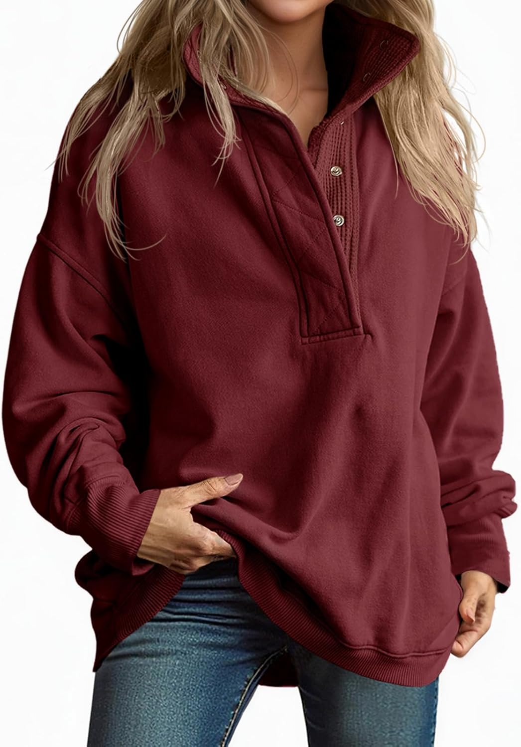 Fisoew Womens Oversized Sweatshirt Casual Snap Stand Collar Long Sleeve Pullover Tops Fall Travel Outfits