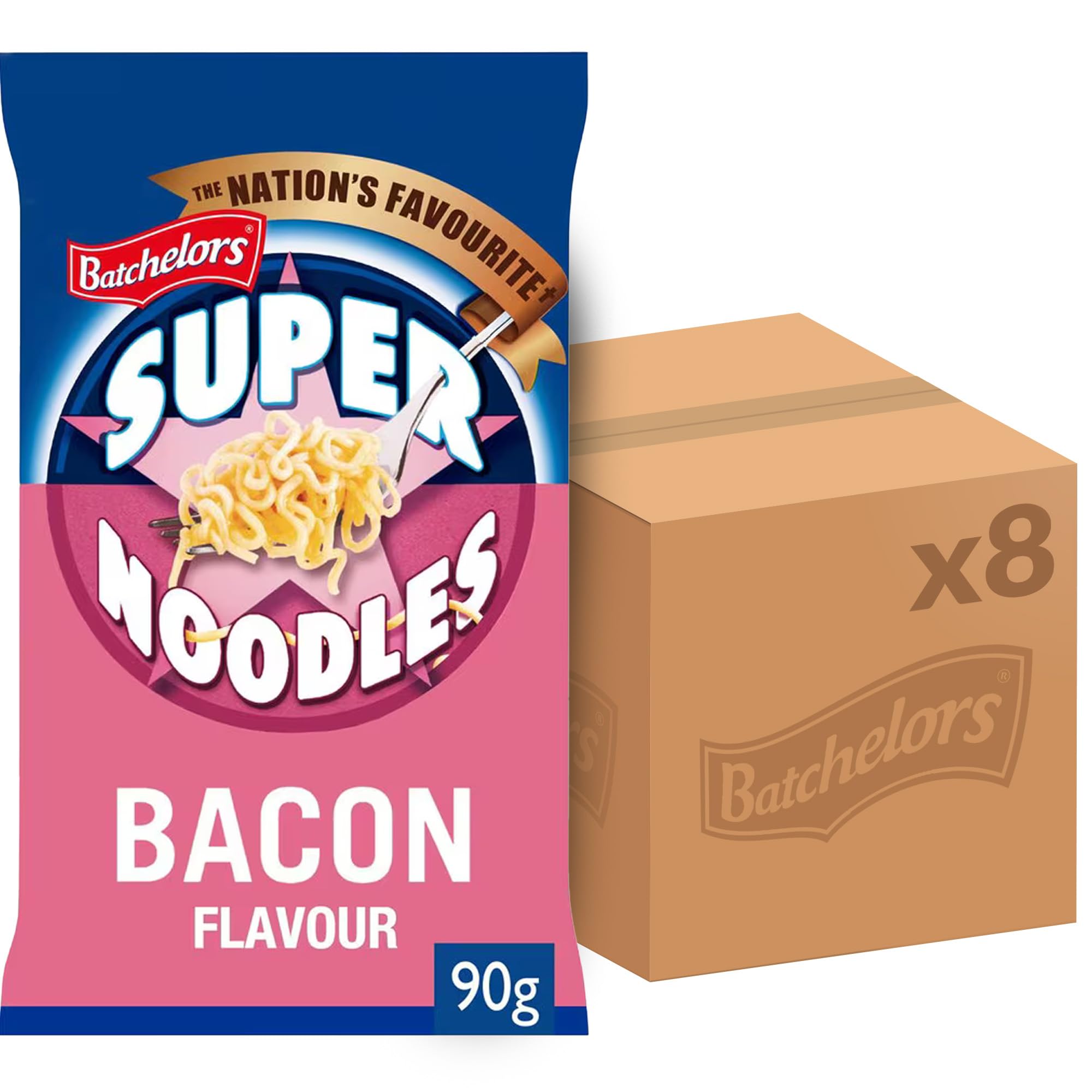 Batchelors Super Noodles Bacon Flavour, Instant Snack Ready in 4 Minutes, 90 g Packet (Pack Of 8)