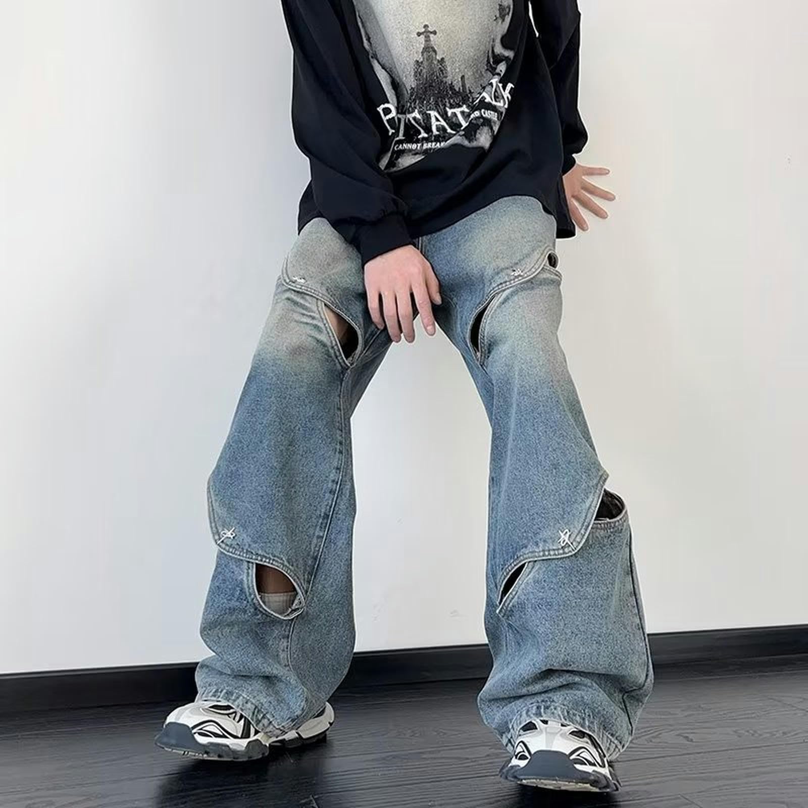 Jeans a Gamba Larga High Street da Uomo con Design Cavo - Blu - M