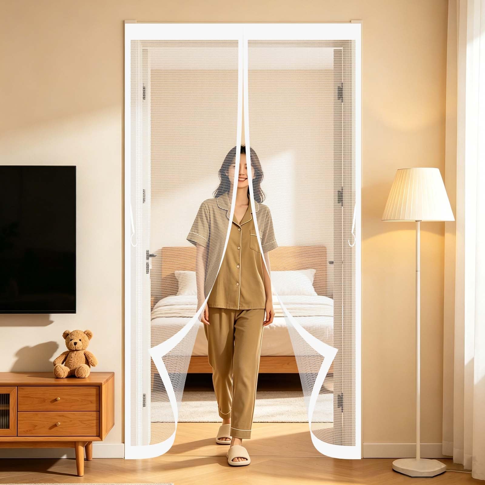 Magnetic Screen Door 132 x 186 cm with Powerful Magnets and Full Frame Magic Tape, Keep Bugs Out Magnetic Insect Door Screen Fly Net Curtains for Terrace, Cellar, White