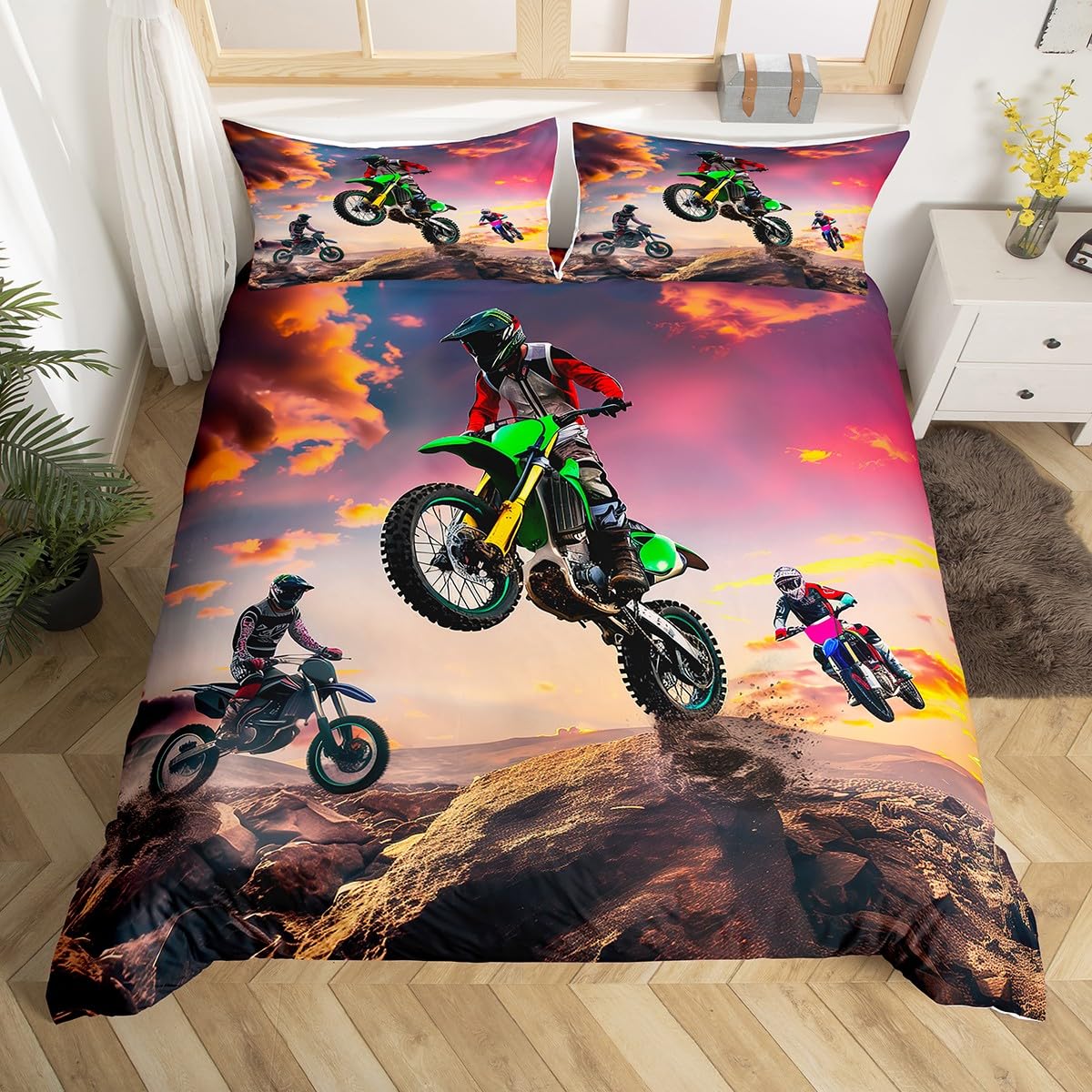 Homewish Men's Multi 05 Dirt Bike Single Duvet Cover Set Teens Boys Motocross Rider Bedding - Racing Motorcycle Bed Set Kids Motorbike Extreme Sport Theme Room Decor Quilt Cover With 1 Pillowcase - Microfibre