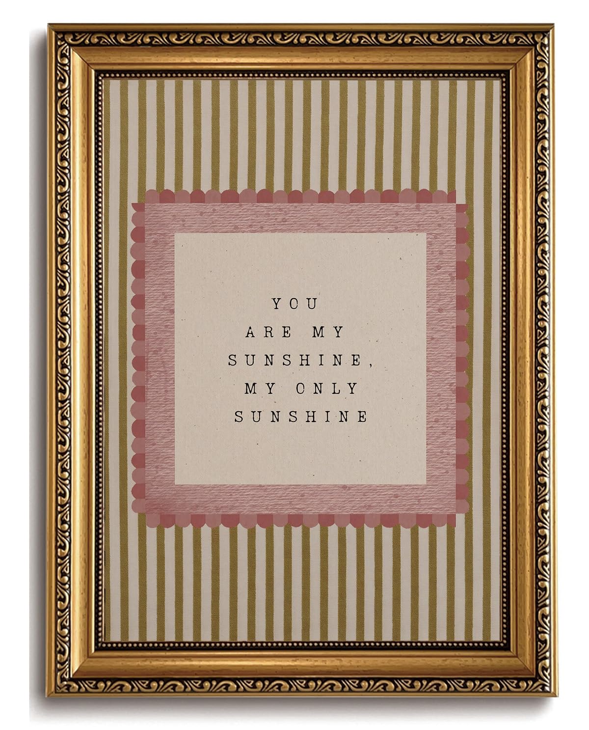 Photo 1 of Vintage Gold Framed Wall Art You Are My Sunshine Canvas Print, Retro Pink Striped Nursery Decor, Coquette Preppy Typography Quote Picture for Baby Girl Boy Room 8x10 Inch