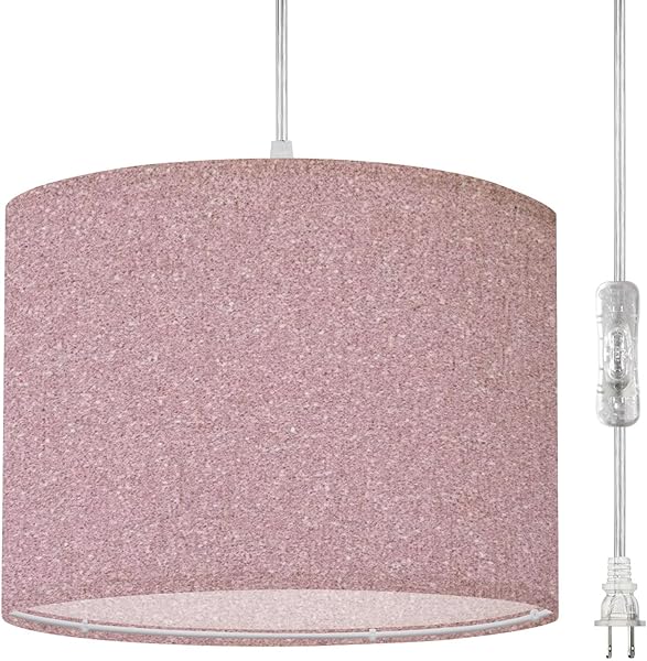 Plug in Pendant Light Glitter Pink Sparkly Bling Fine Texture Tones Even Distribution Subtle Hanging Light with Plug in Clear Cord Dimmable Switch Linen Shade Hanging Lamp Fixture for Bedroom Kitchen
