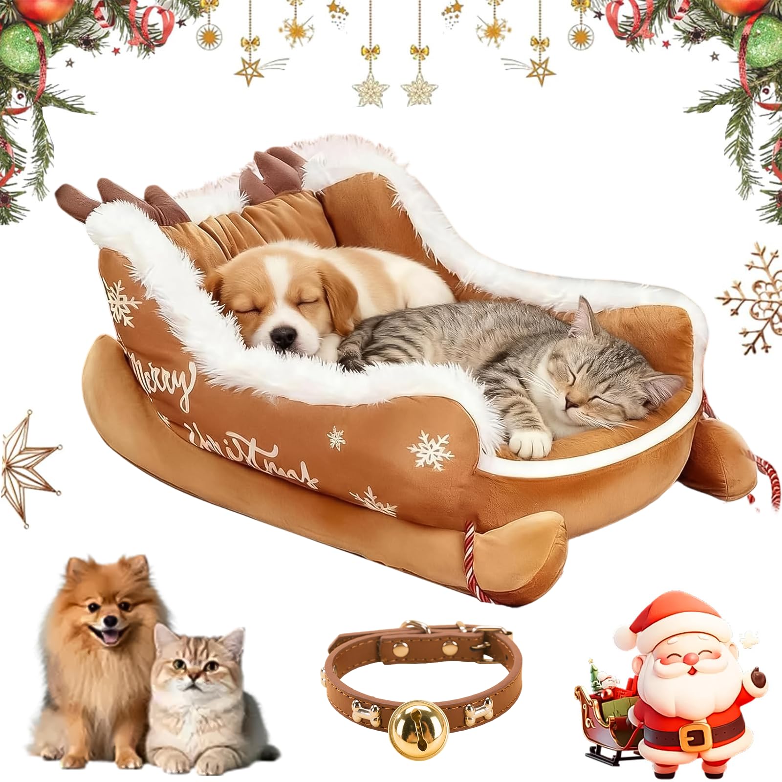 NNBWLMAEE Festive Plush Cosy Dog Bed - Christmas Sleigh, Funny Santa Sleigh Pet Warm Bed, Dog Sleighs Beds, Festive Cozy Insulated Nest, with Non-Slip Base, for Small, Medium Large Pet (C,M)