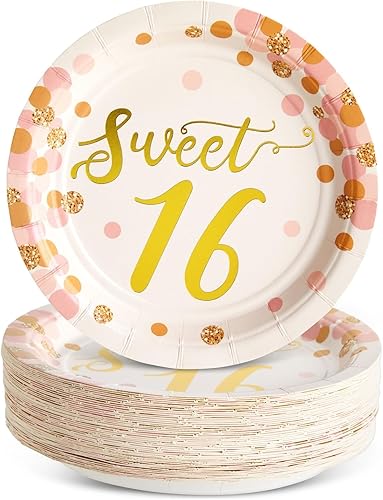 Paquete de 48 platos de papel de fiesta Sweet 16, suministros de oro rosa para cumpleaños número 16 (7 pulgadas) disponible en Yaxa Peru