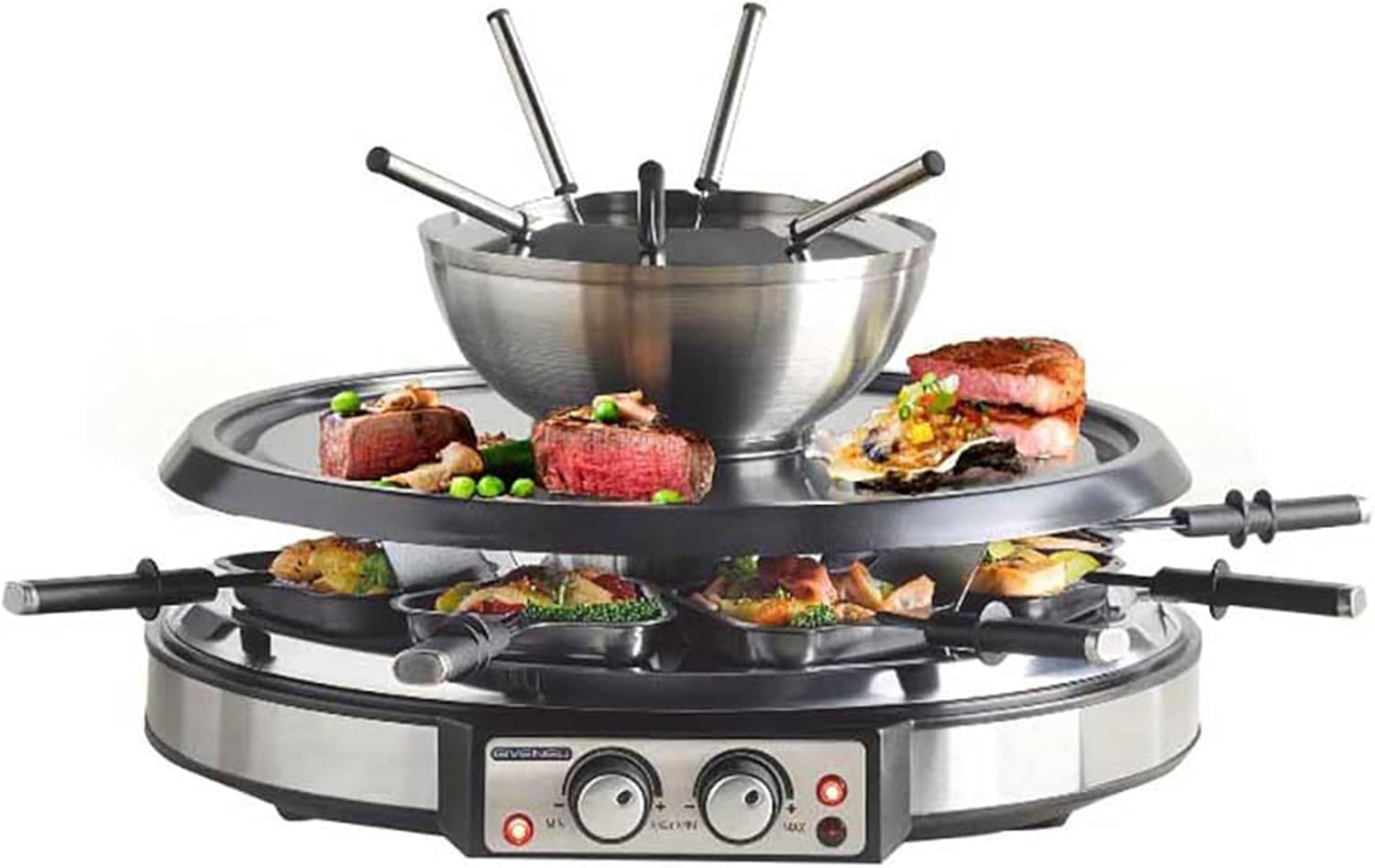 Electric Fondue Pot Sets with Barbecue Grill, 600ml Fondue Pot with 8 Forks and Electric Raclette, Dual Adjustable Thermostats, Perfect Fondue Grill Combo for Family Fun Round