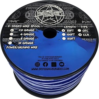 Sky High Car Audio E-Series CCA 1/0 Gauge - 50ft Spool Blue