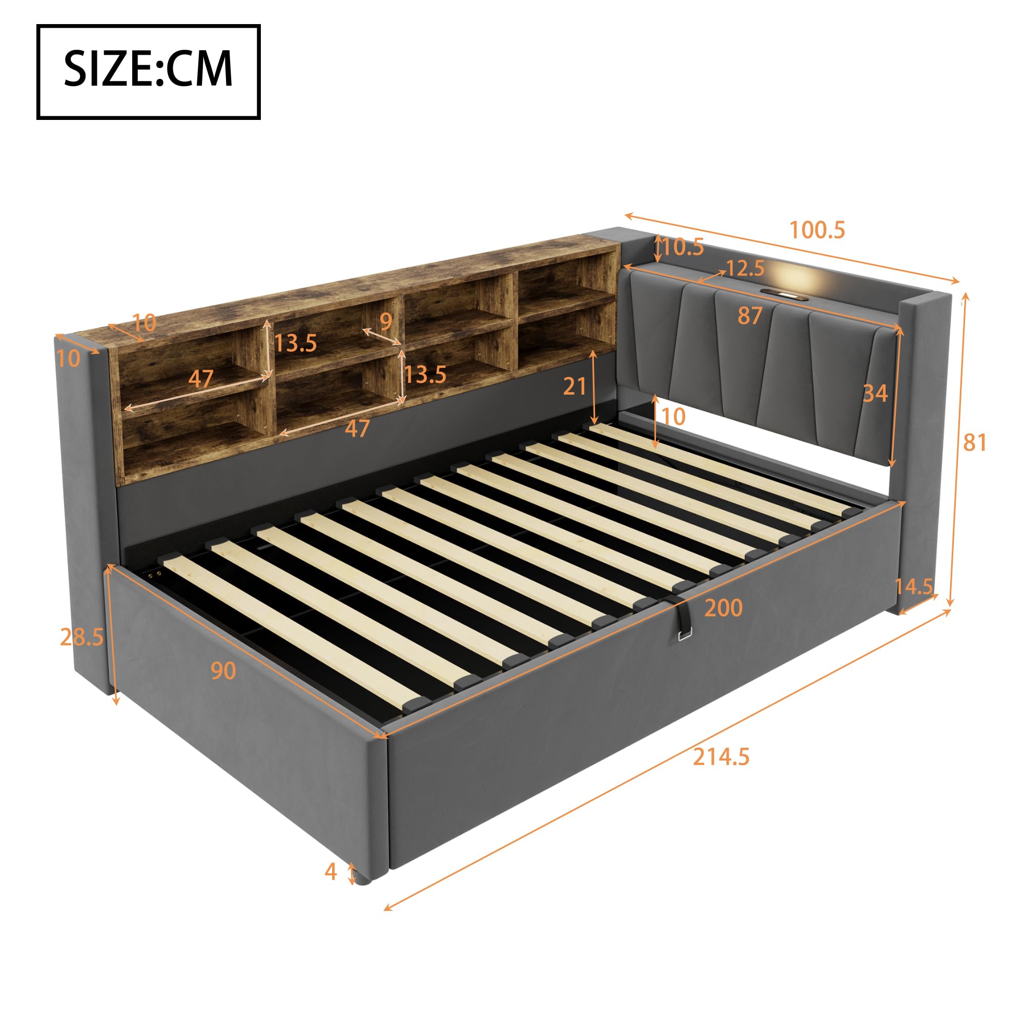 Divano letto 90 x 200 cm, letto imbottito con vano portaoggetti idraulico, con luce notturna, porta di ricarica USB e tipo C, con ripiani e scomparti, testiera imbottita, tessuto in velluto (grigio
