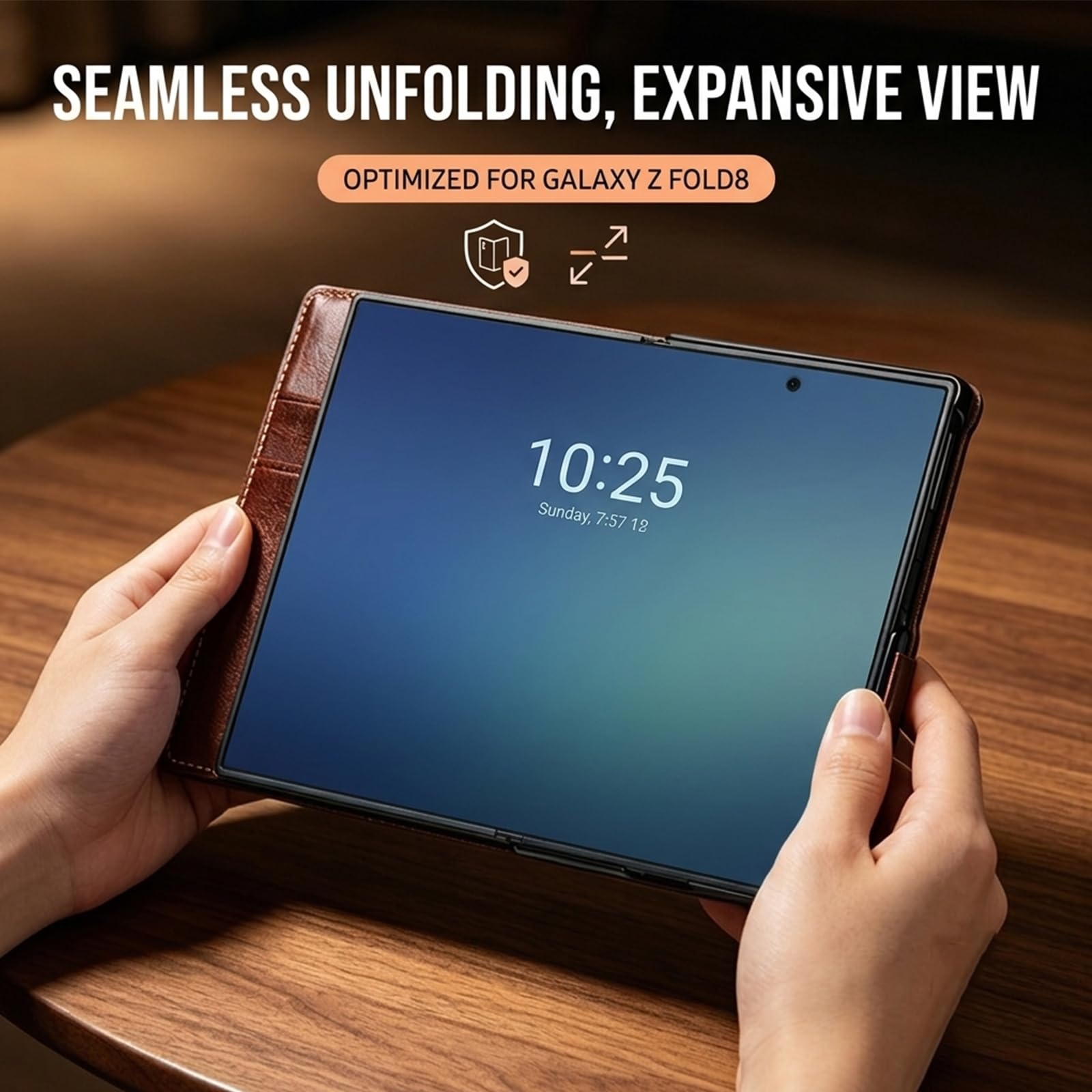 Custodia a portafoglio con cavalletto compatibile con Samsung Galaxy Z Fold 8, in vera pelle, colore nero
