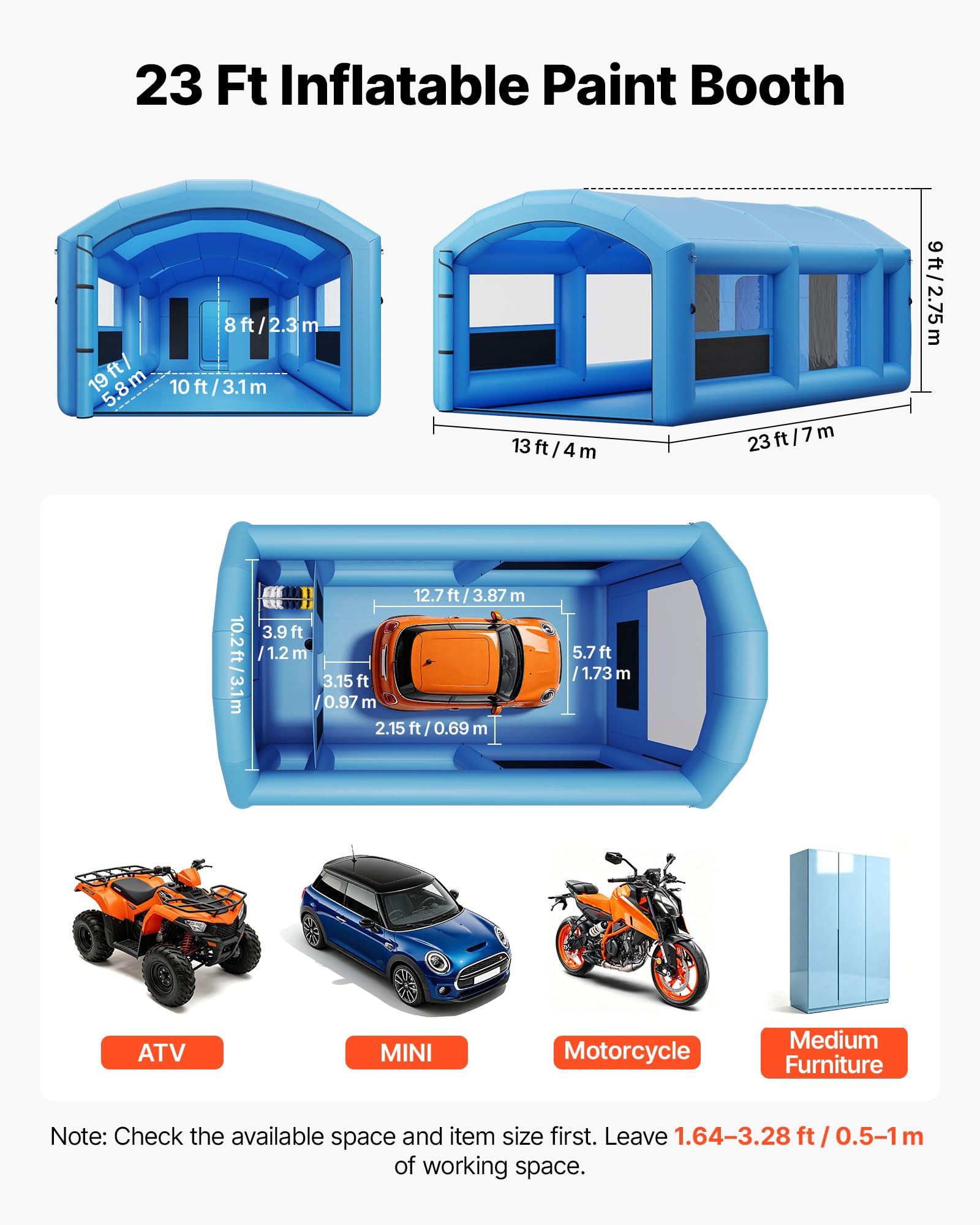 VEVOR Cabina di Verniciatura Gonfiabile 7 x 4 x 2,75 m Leggera Blu, Tenda Verniciatura Portatile con Soffiatori da 550W e 750W, con Tetto ad Arco e Filtro, per ATV Moto Veicoli Mobili Medie Dimensioni